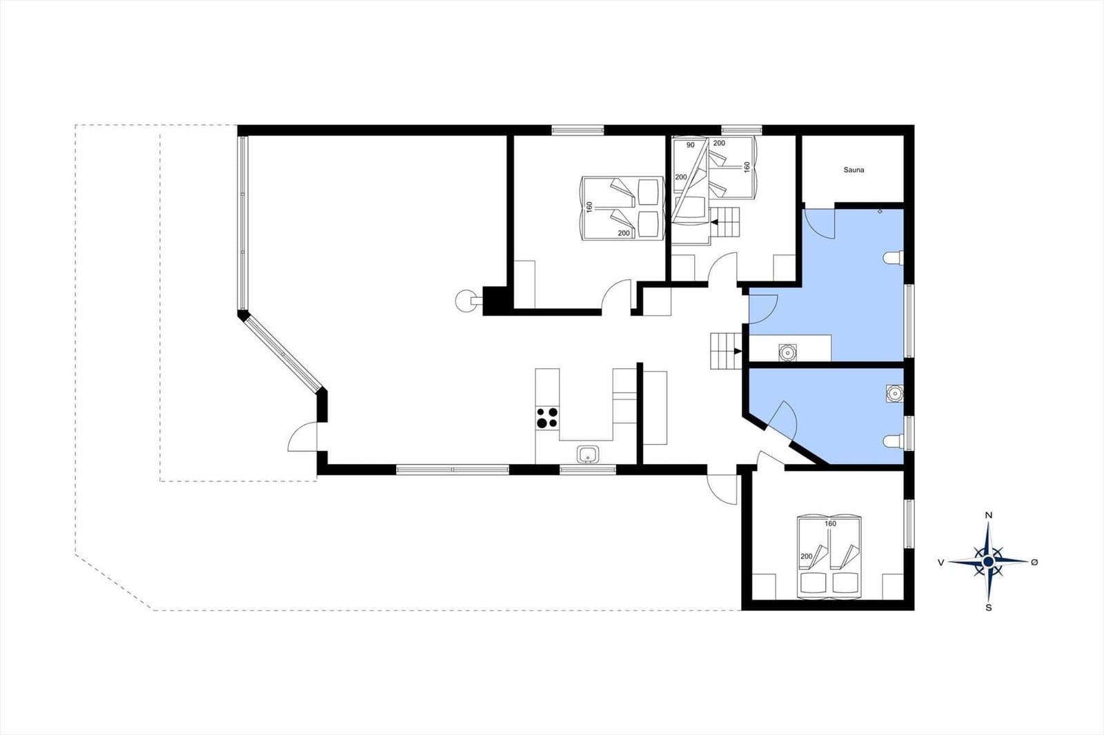 Dieses Grundrissbild zeigt eine Wohnung mit Küche, Schlafzimmer, Bad und Sauna.