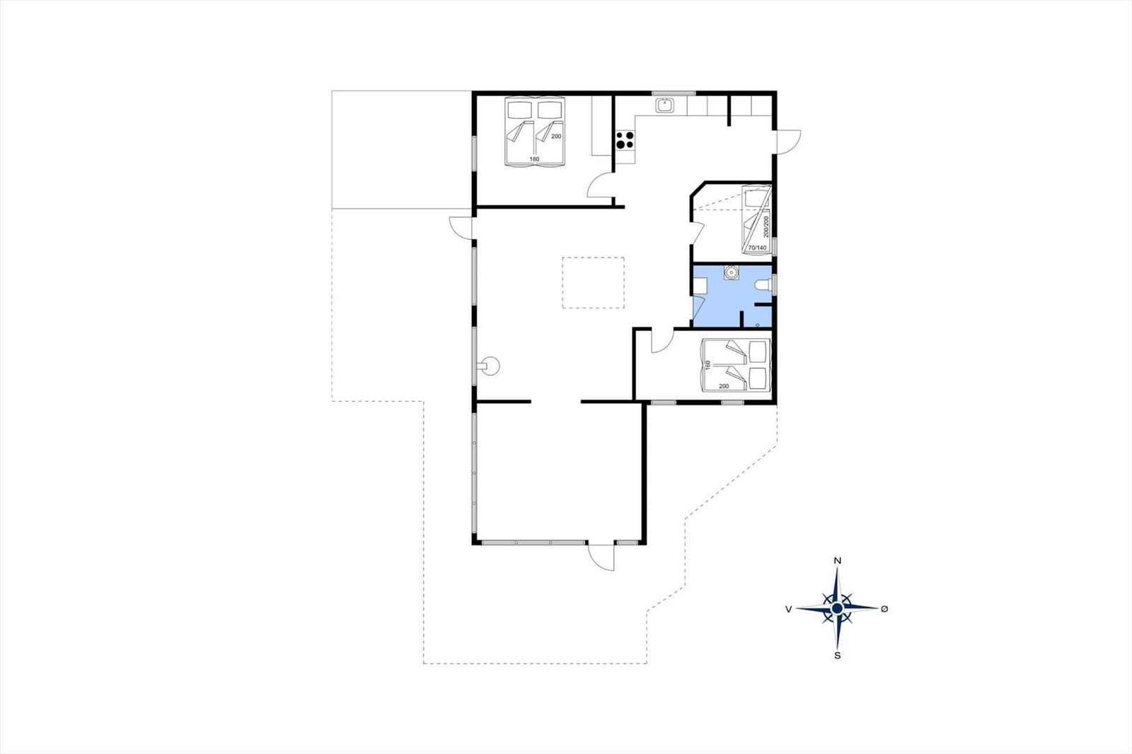 Dieses Hausplan zeigt zwei Schlafzimmer, eine Küche und ein Bad mit Dusche.