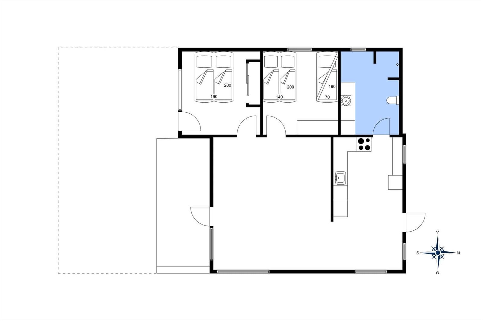 Drei Schlafzimmer, Küche und Bad im Grundriss.