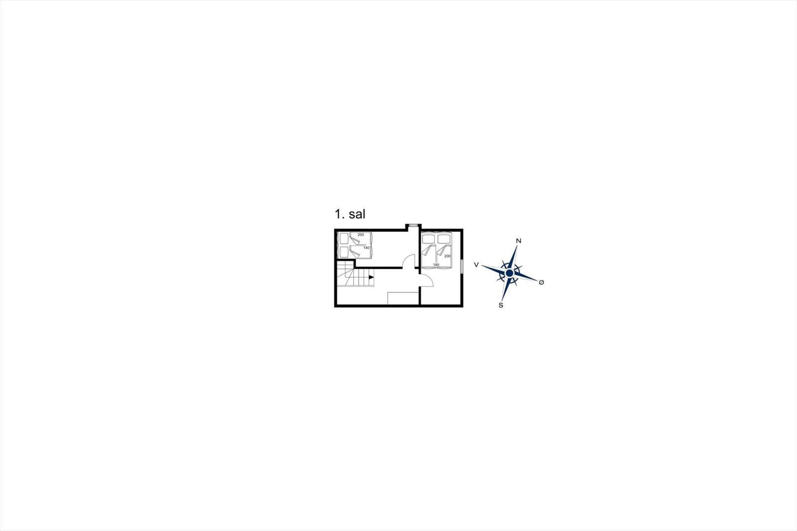 1. Stockplan mit Schlafzimmer, Bad und Treppe zur Untergeschoßebene.