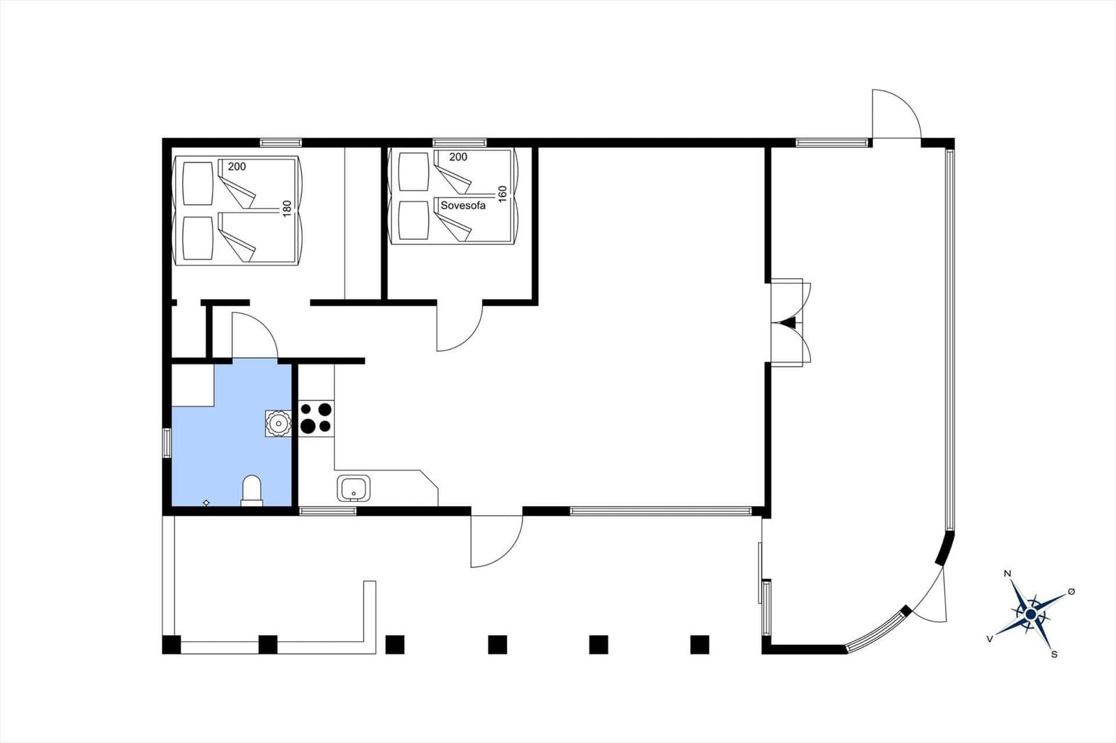 Wohnung mit zwei Schlafzimmern, Küche und Bad. Raumübersicht mit Maßangaben.