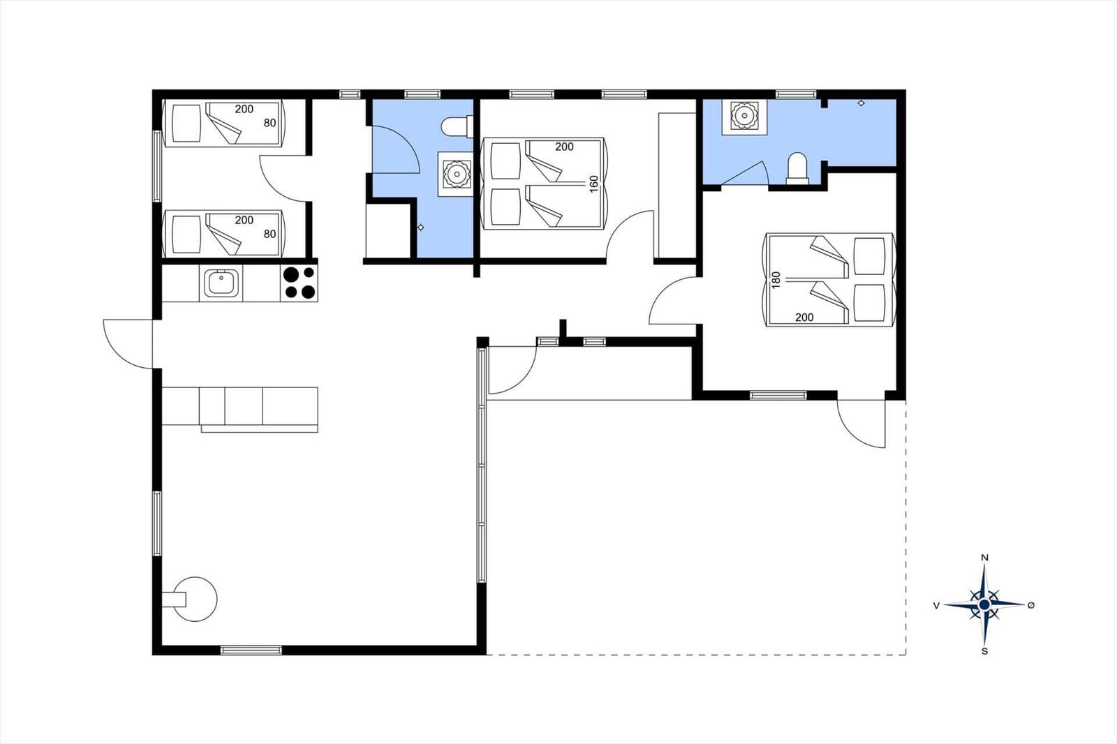 Wohnung mit drei Schlafzimmern, Küche und zwei Bädern. Flur und Wohnbereich sind groß.