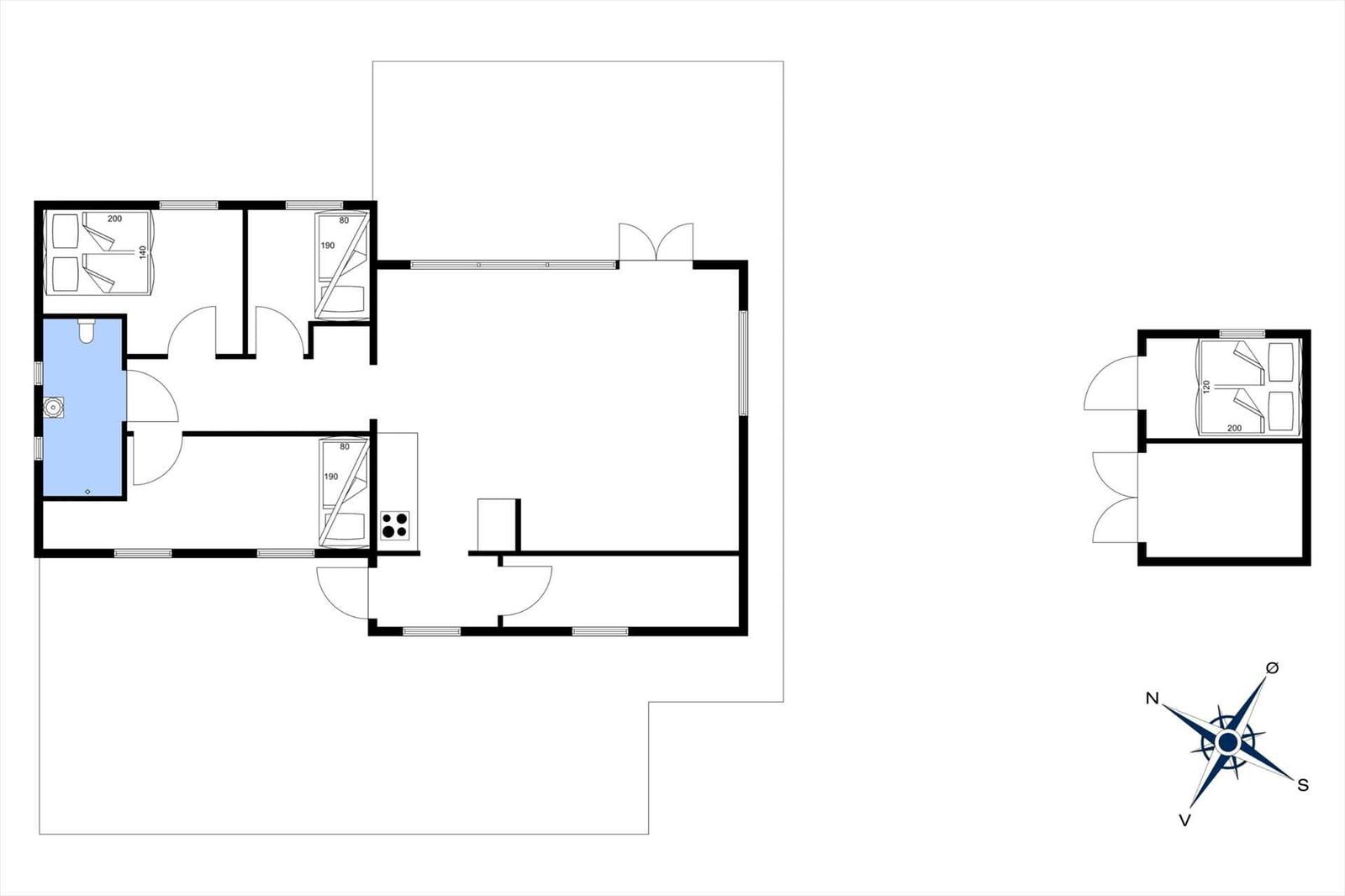 Wohnung mit Küche, Bad und Schlafbereich. Raumübersicht mit Orientierung.