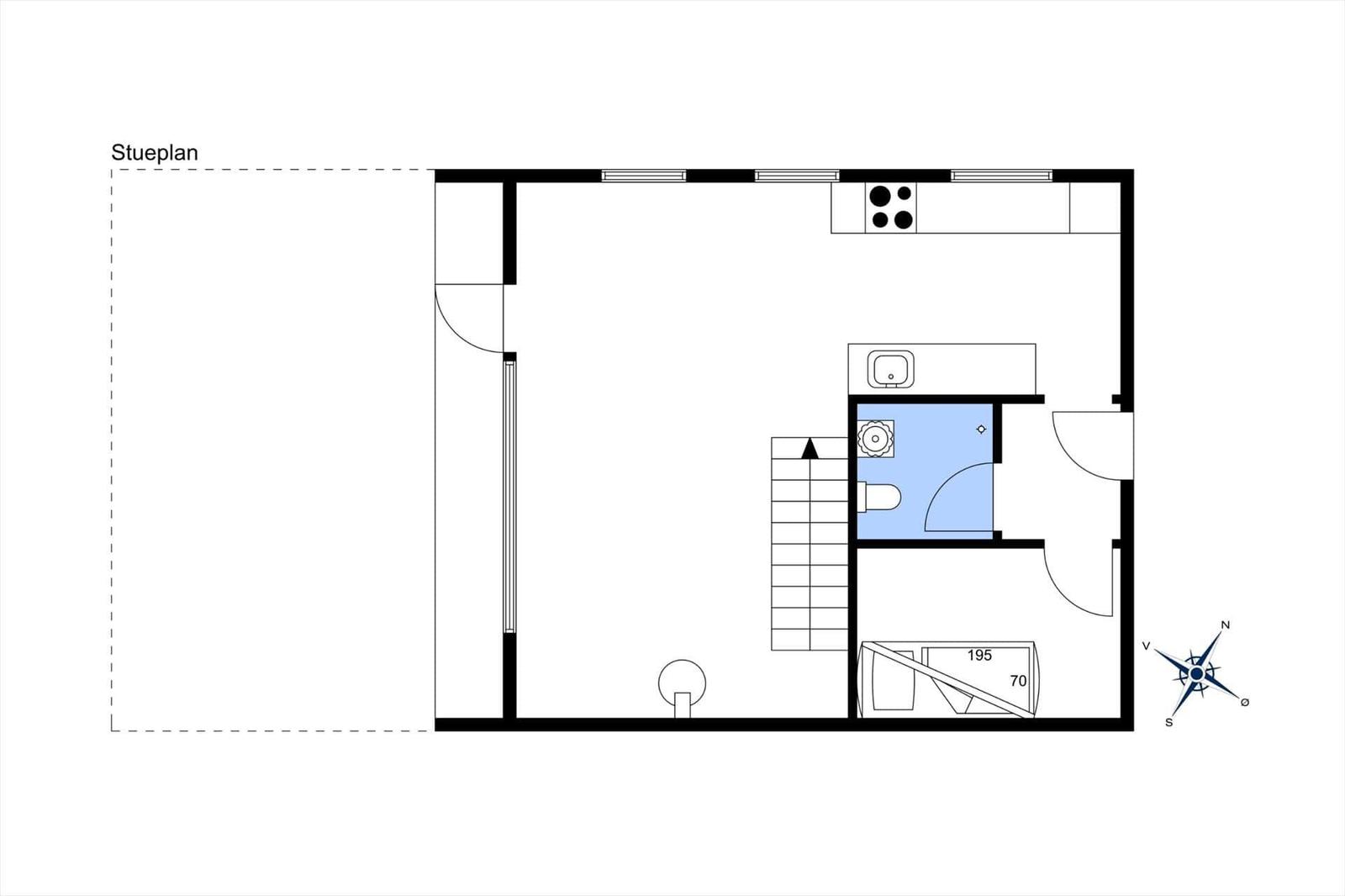 Stueplan zeigt Küche, Bad, Schlafzimmer und Treppenhaus.