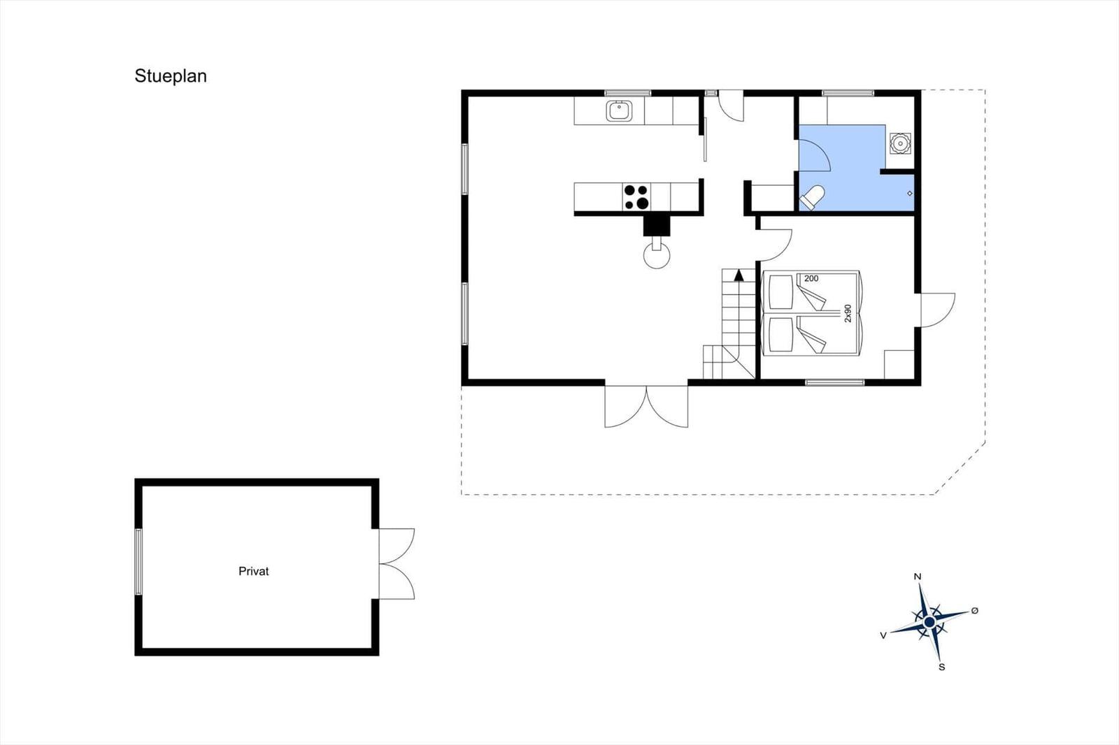 Stueplan zeigt Küche, Schlafzimmer und Bad. Privater Bereich separat.