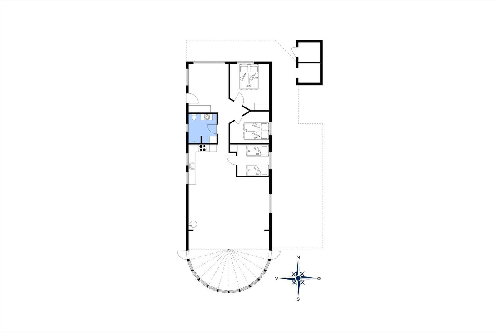 Floor plan of a vacation rental with three bedrooms, kitchen, bathroom, and outdoor area.