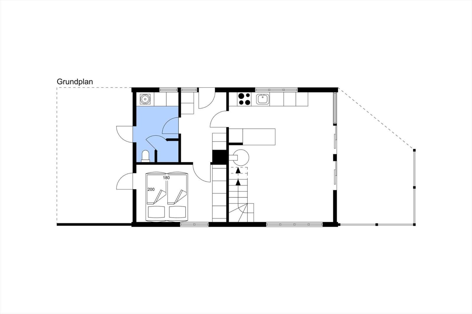 Grundriss einer Wohnung mit Küche, Bad und Schlafzimmer.