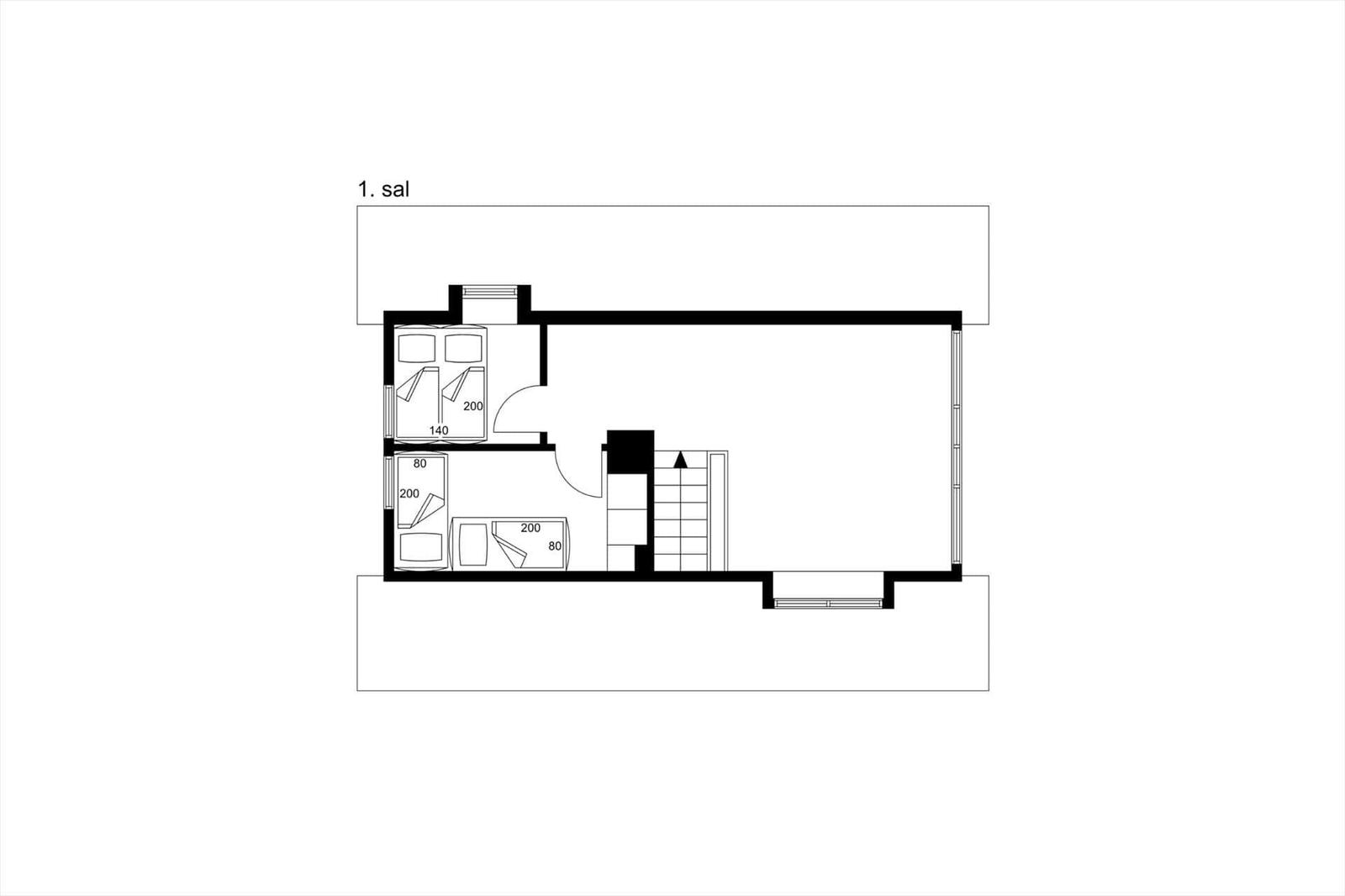 Erdgeschossplan mit Schlafzimmer, Bad und Treppe zur oberen Etage.