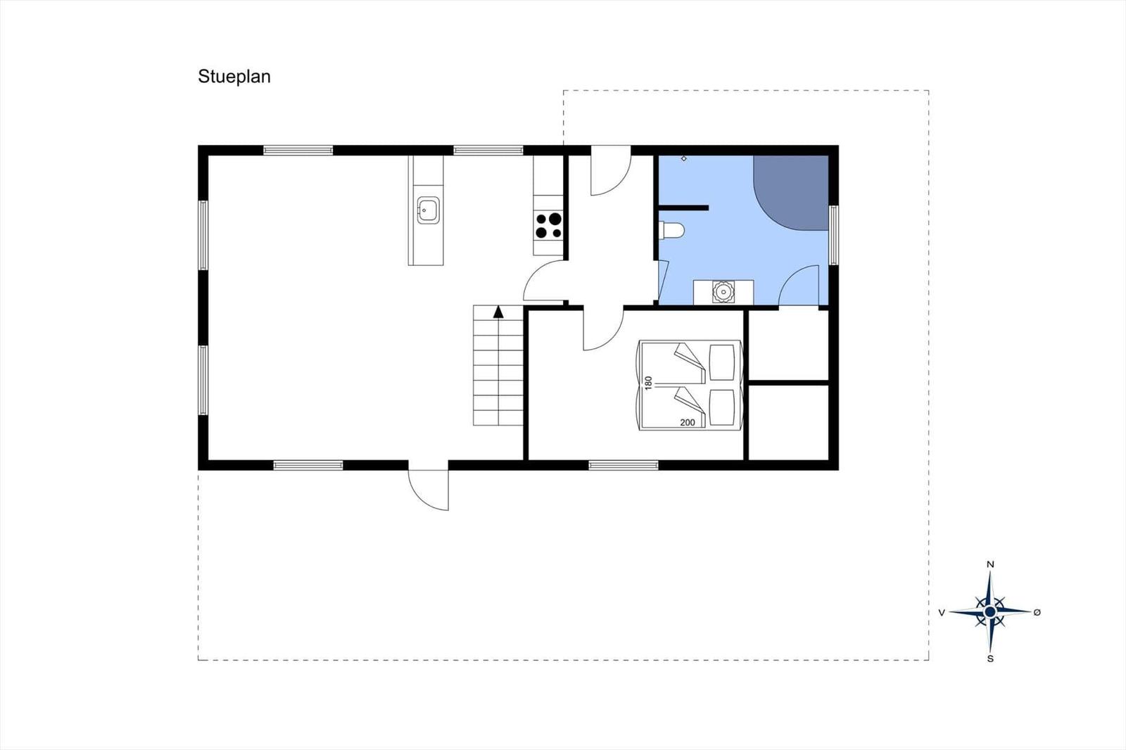 Stueplan zeigt Wohnfläche, Küche, Bad und Schlafzimmer mit Maßangaben.