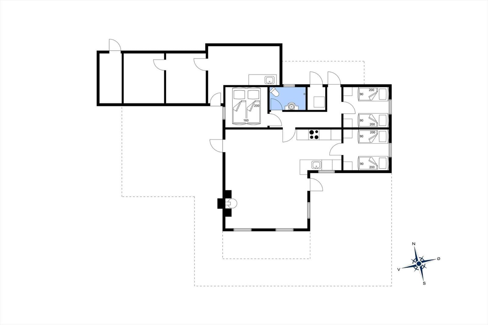 Grundriss einer Wohnung mit Küche, Schlafzimmer und Badezimmer.