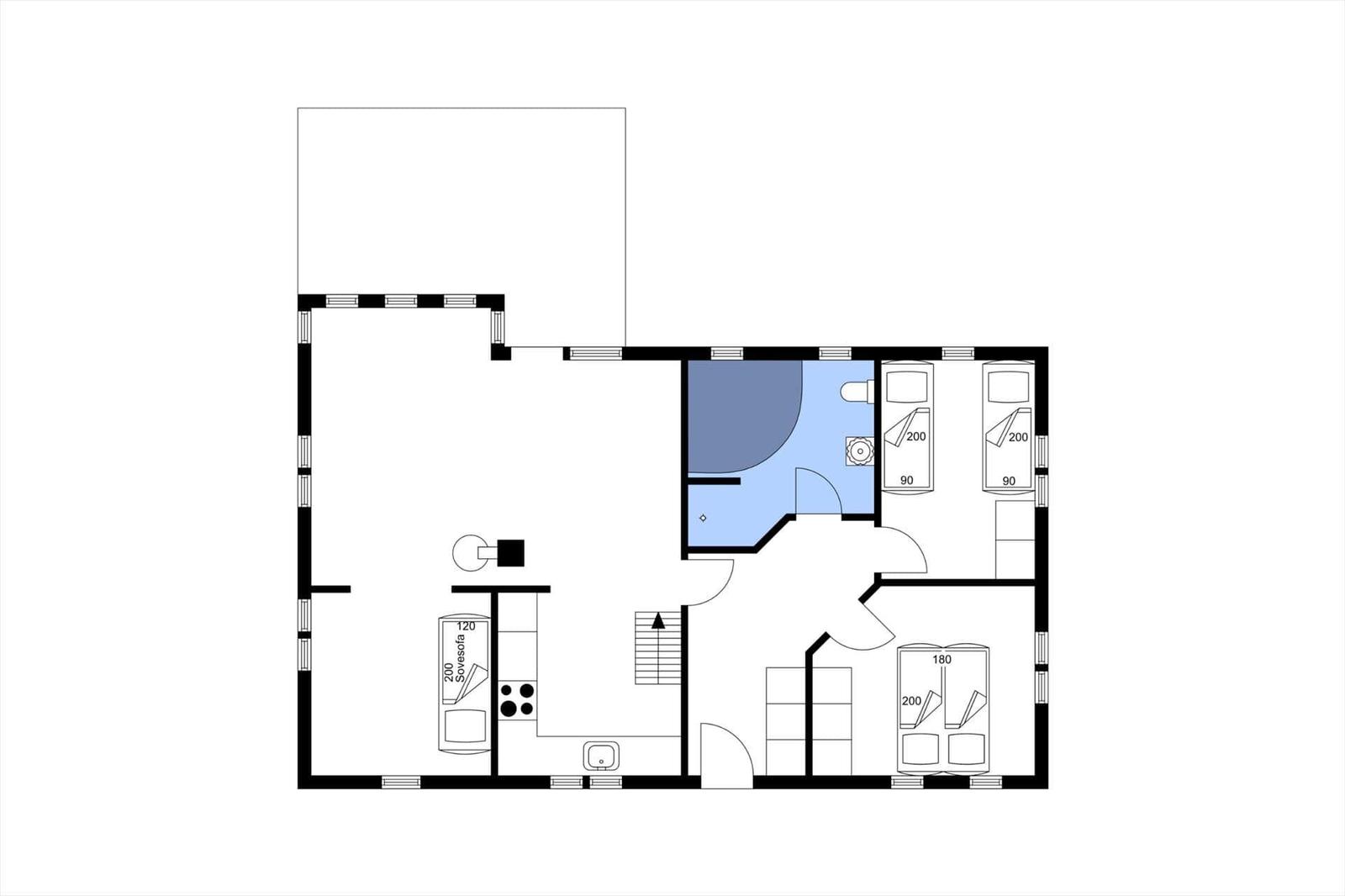 Dieses Grundriss zeigt eine Wohnung mit Küche, Schlafzimmer und Bad.