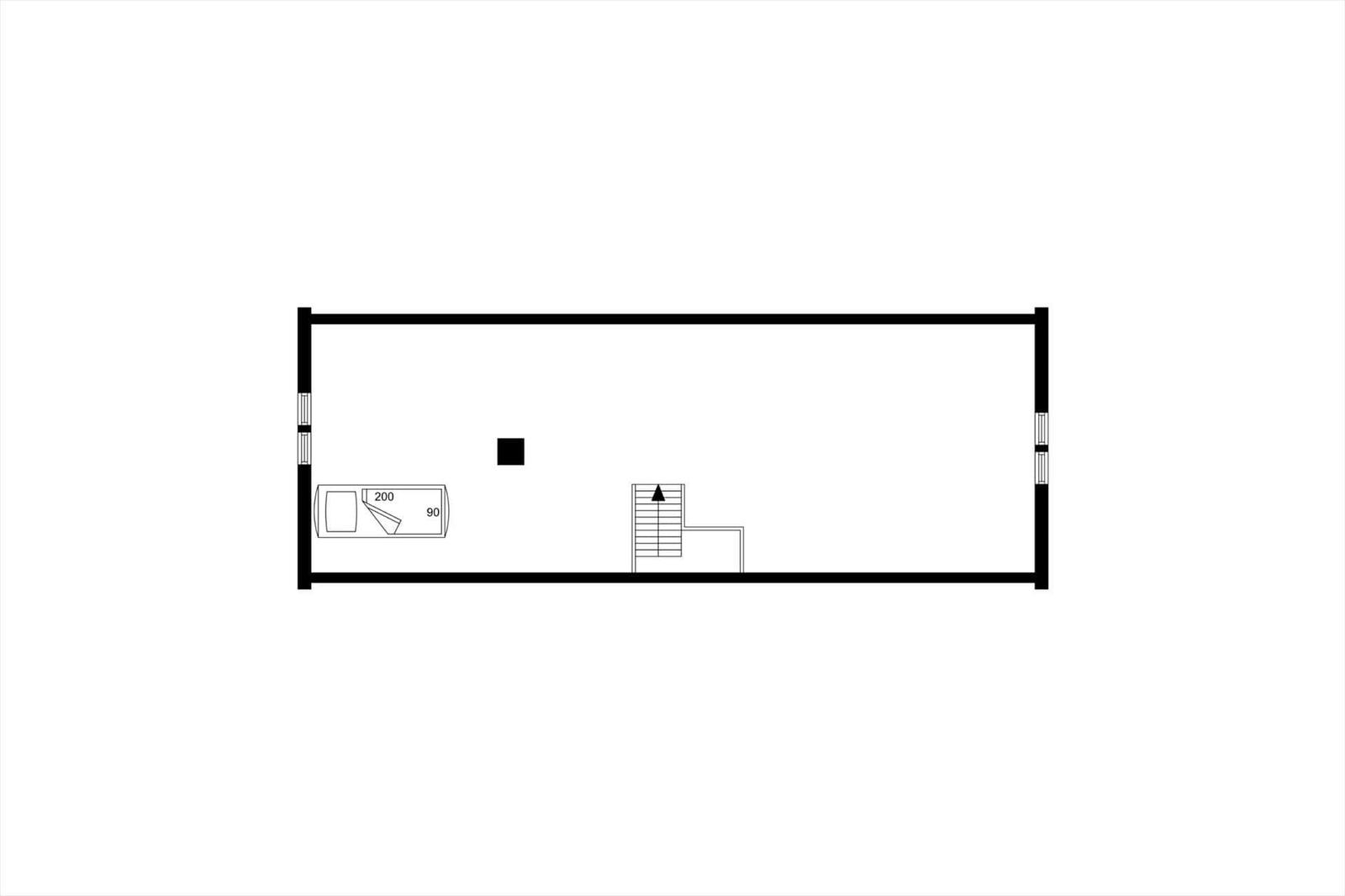 Einfache Grundrisszeichnung einer Wohnung mit Schlafzimmer und Treppenhaus.