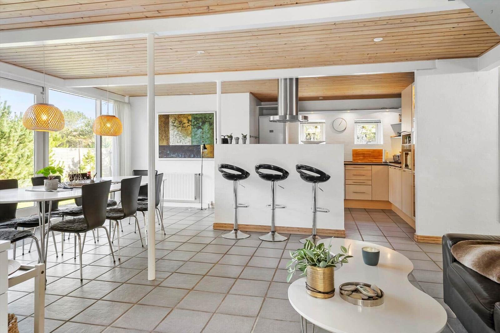 Open living and dining area with kitchen island and seating.