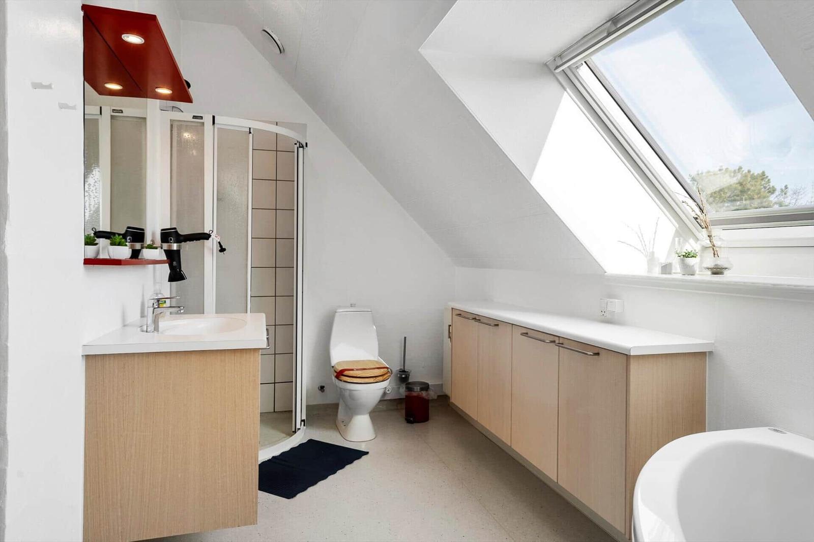Bathroom with shower, toilet, sink, and skylight.