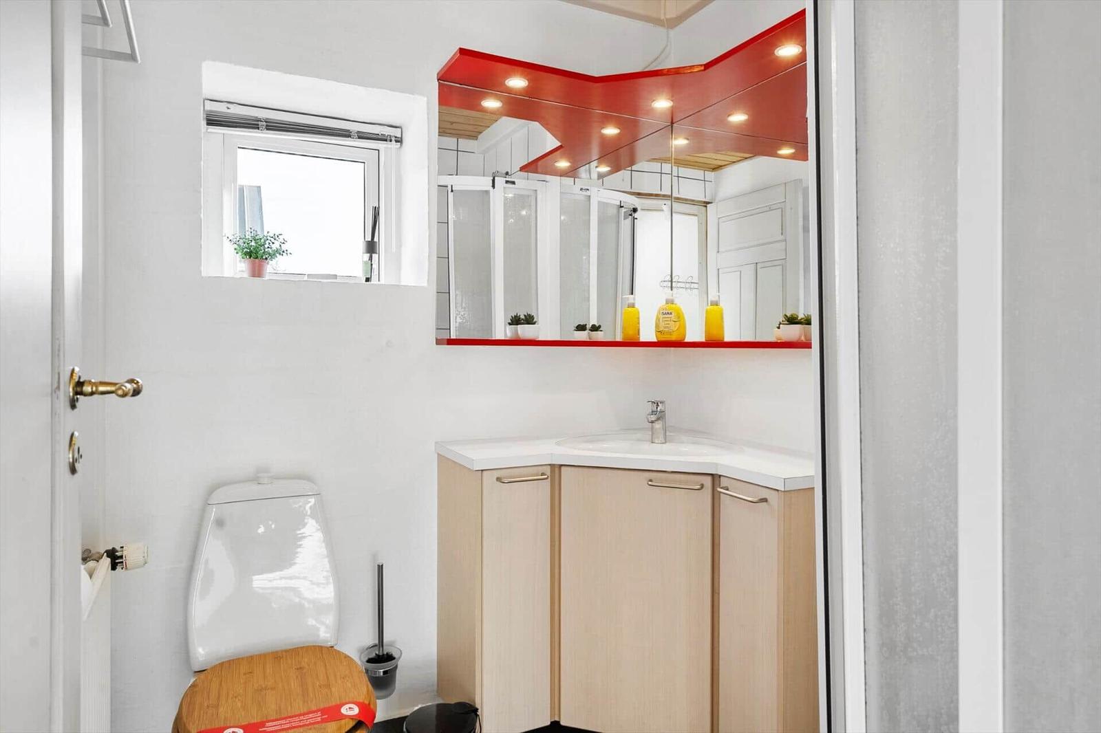 Bathroom with sink, mirror, and toilet. Red ceiling and wooden cabinets.