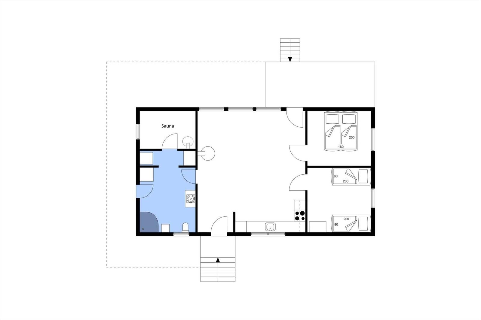 Die Wohnung hat eine Sauna, Küche, drei Schlafzimmer und einen Flur.