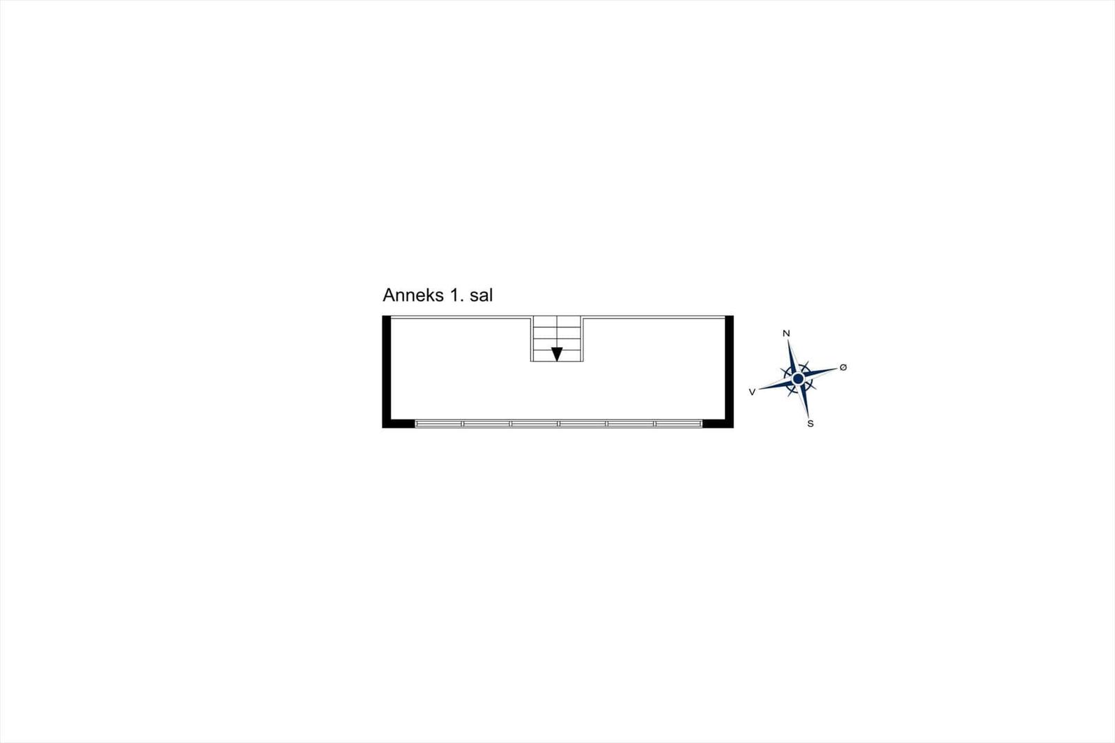 Plan des ersten Stocks im Anbau mit Treppe und Bodenmarkierungen.