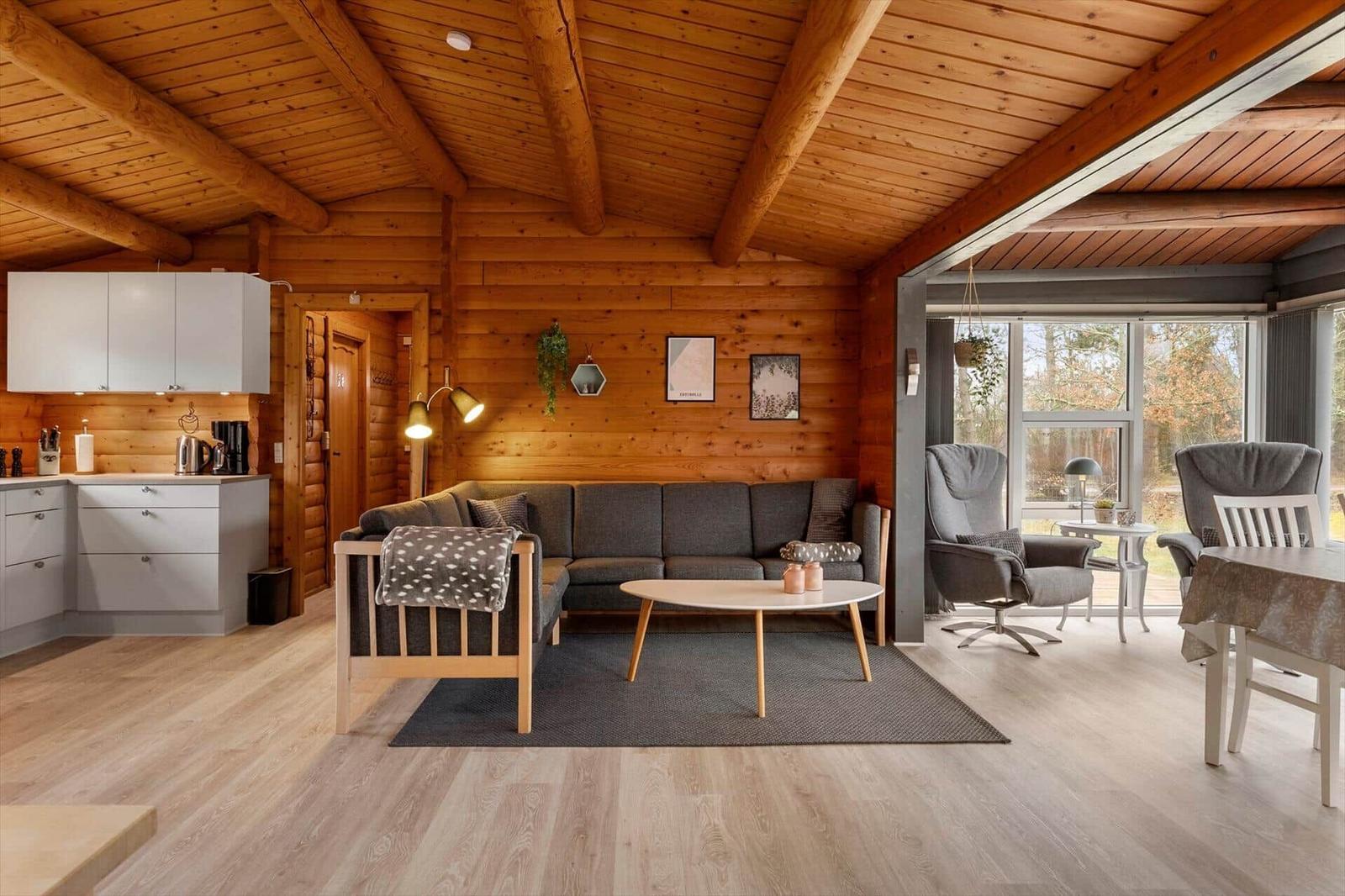 Wohnbereich mit Sofa, Esstisch und Küche in Holzhaus