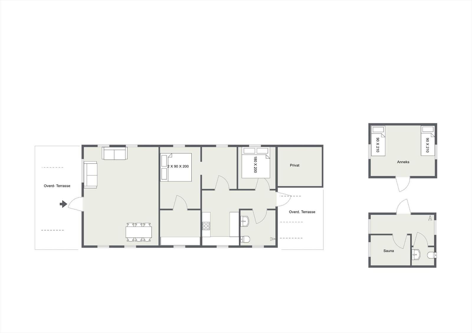 Wohnung mit Küche, zwei Schlafzimmern, Bad und Sauna. Überdachte Terrasse.