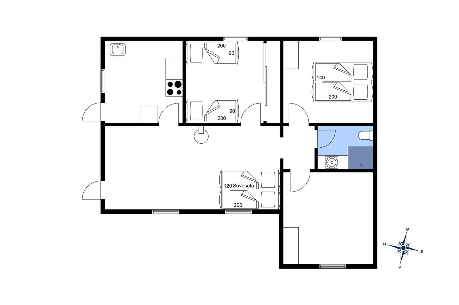 Wohnung mit Küche, drei Schlafzimmern und Bad