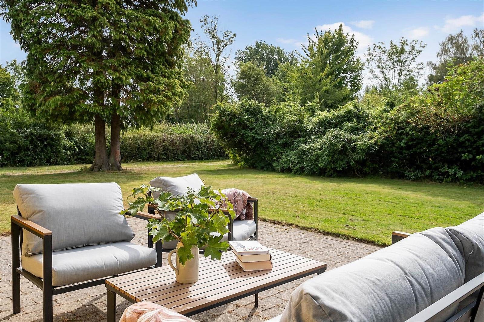 Terrasse mit Sitzgruppe, Tisch und Pflanze. Grünfläche und Bäume im Hintergrund.