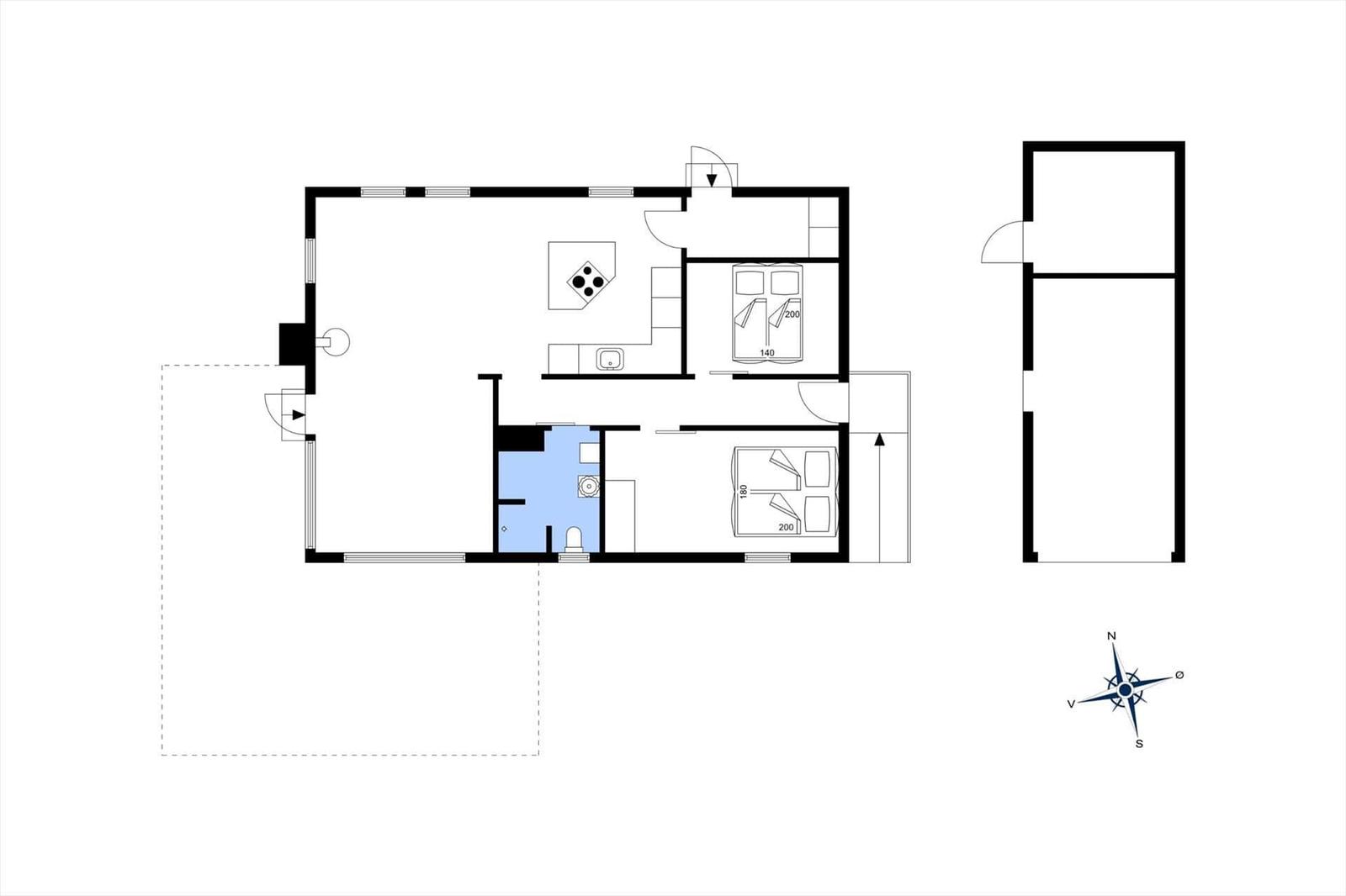 Wohnung mit zwei Schlafzimmern, Küche und Bad. Außenbereich mit Terrasse.