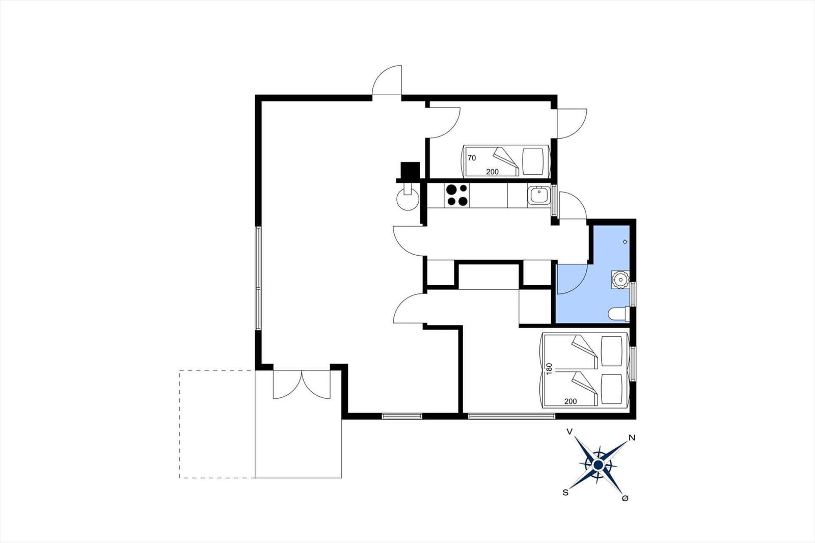 Wohnung mit Küche, Schlafzimmer und Bad. Raumübersicht mit Orientierung.
