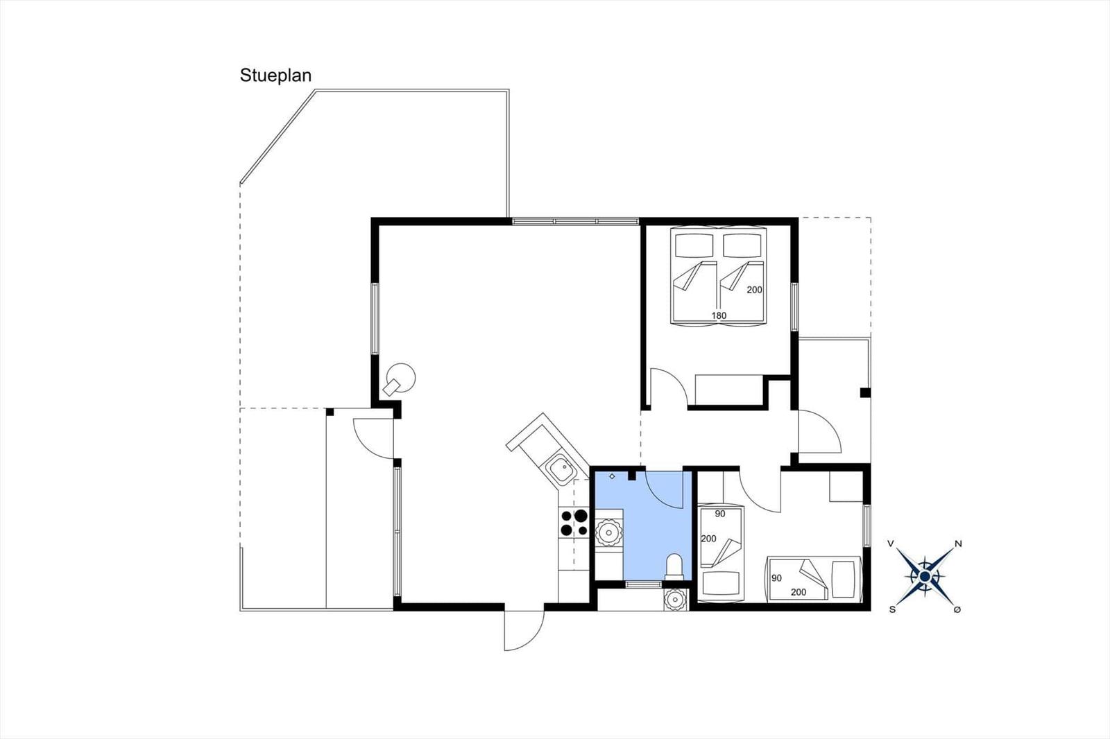 Einfamilienhaus mit Küche, Schlafzimmer und Bad. Grundriss mit Orientierung.