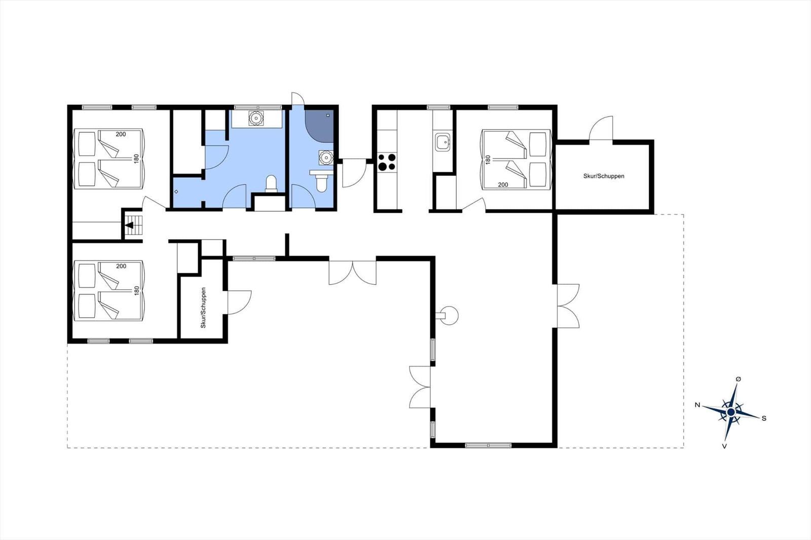 Dieses Haus hat drei Schlafzimmer, eine Küche, ein Bad und zwei Schuppen.