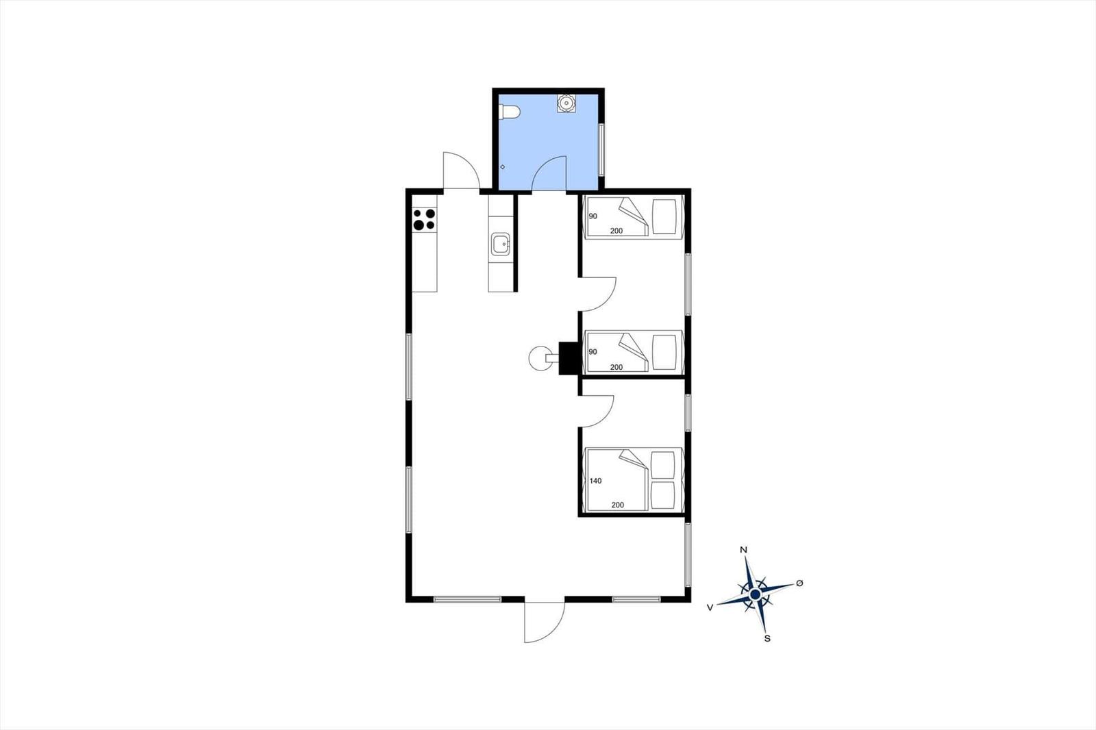 Wohnung mit drei Schlafzimmern, Küche und Bad. Raumangaben in Quadratmetern.