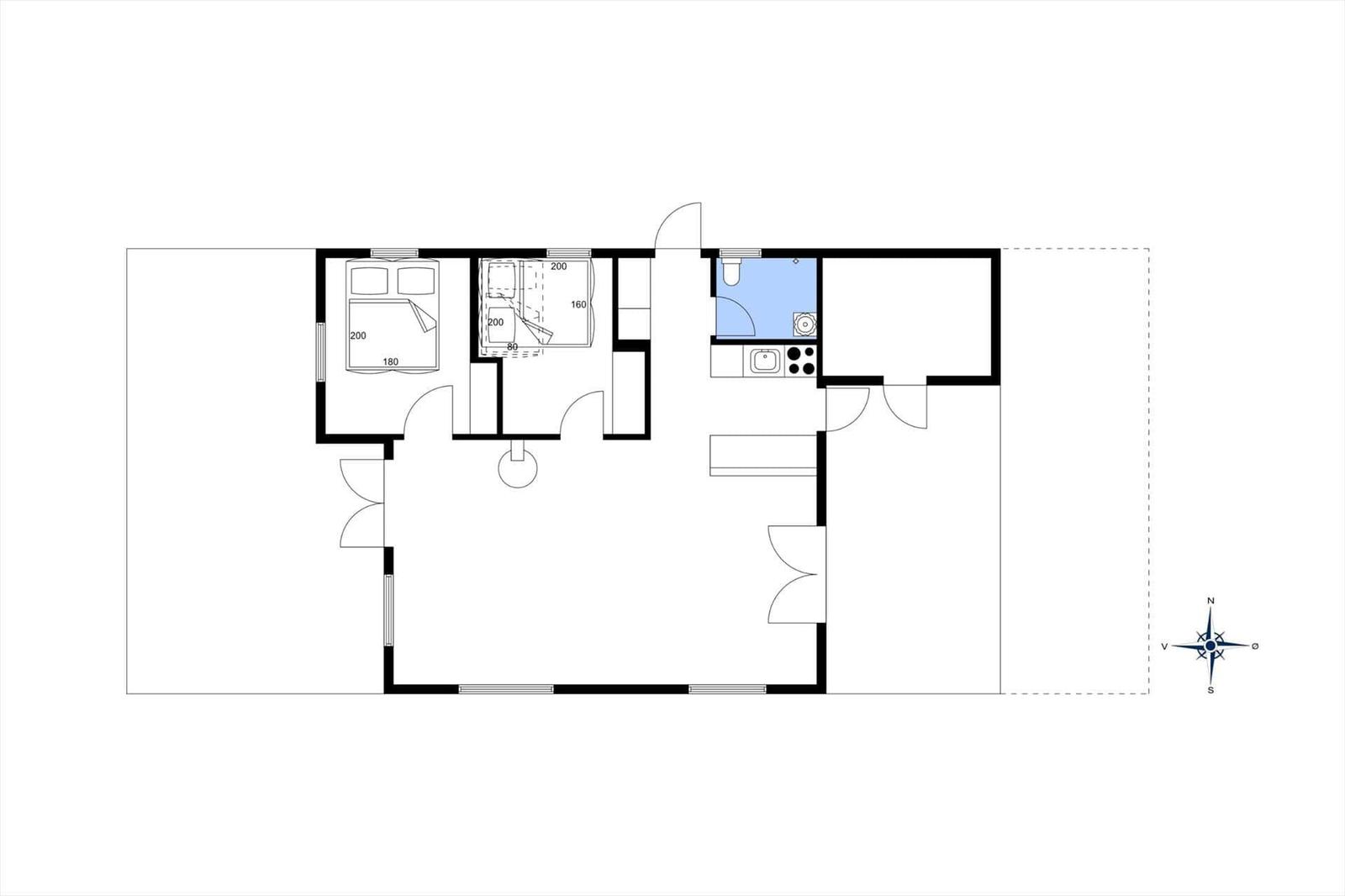Einfache Wohnung mit Schlafzimmer, Küche und Bad. Raumübersicht mit Maßangaben.