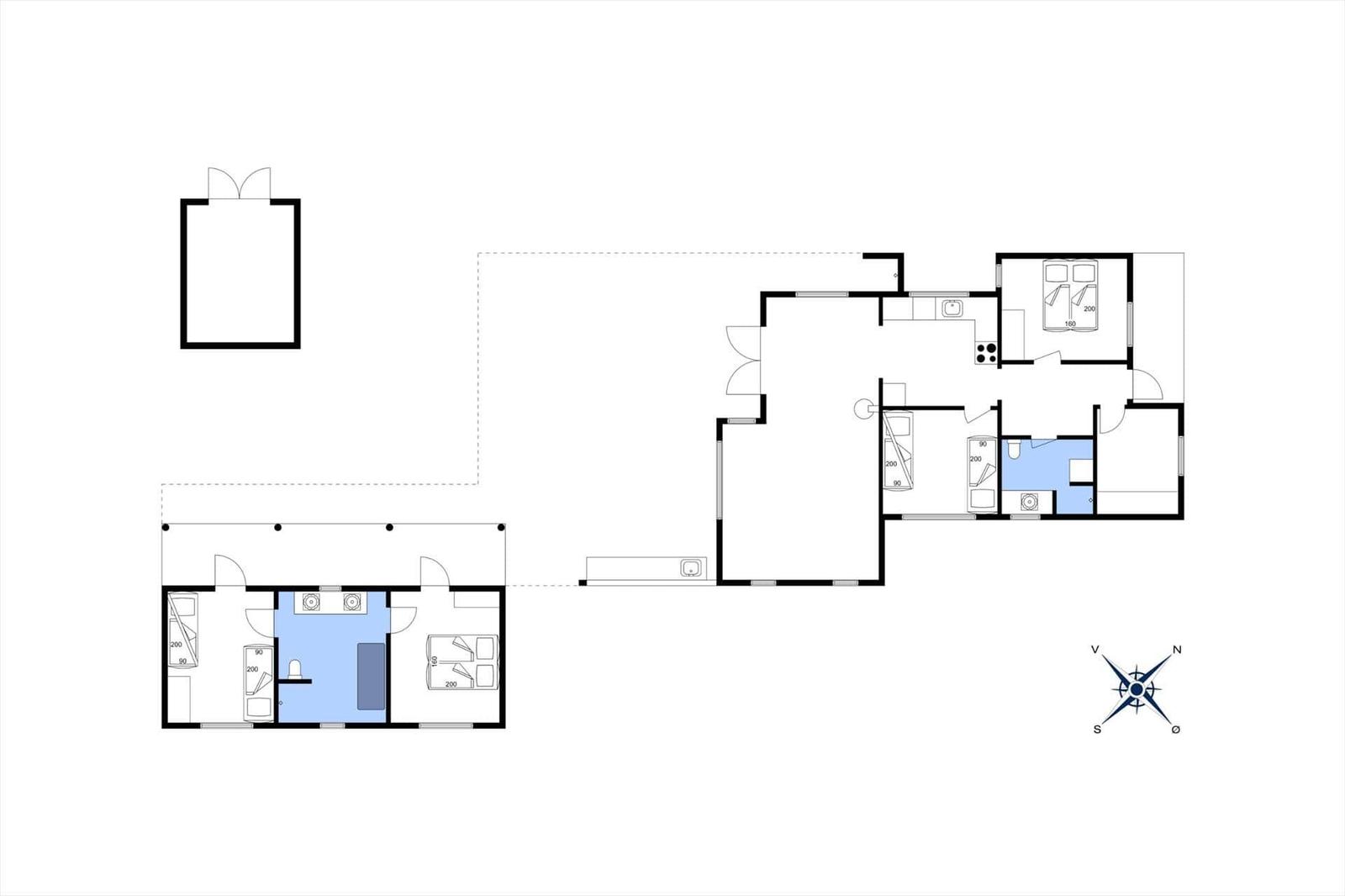 Wohnung mit zwei Schlafzimmern, Küche und Bad. Grundriss mit Orientierung.