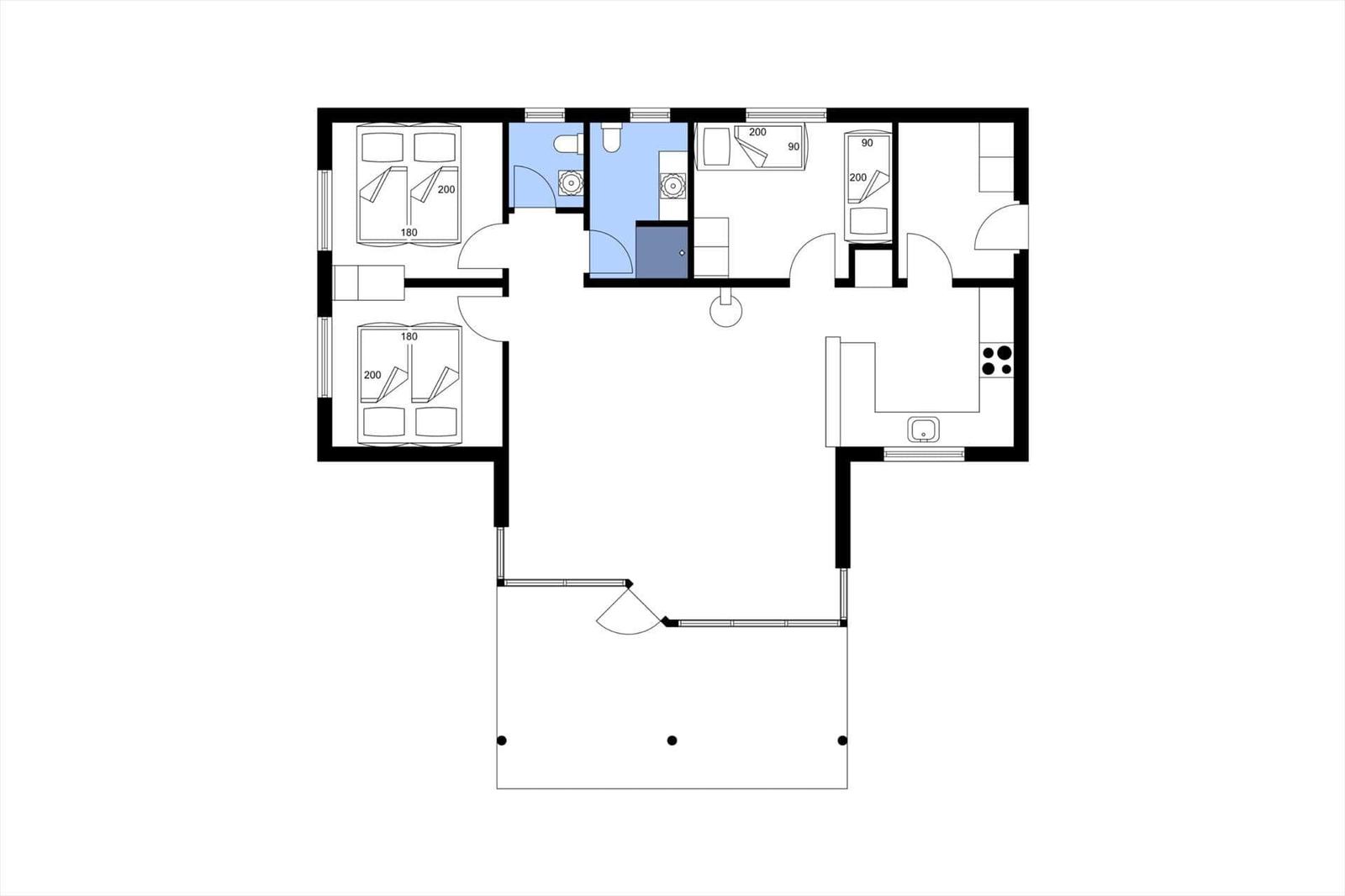 Die Wohnung hat drei Schlafzimmer, eine Küche und ein Bad.