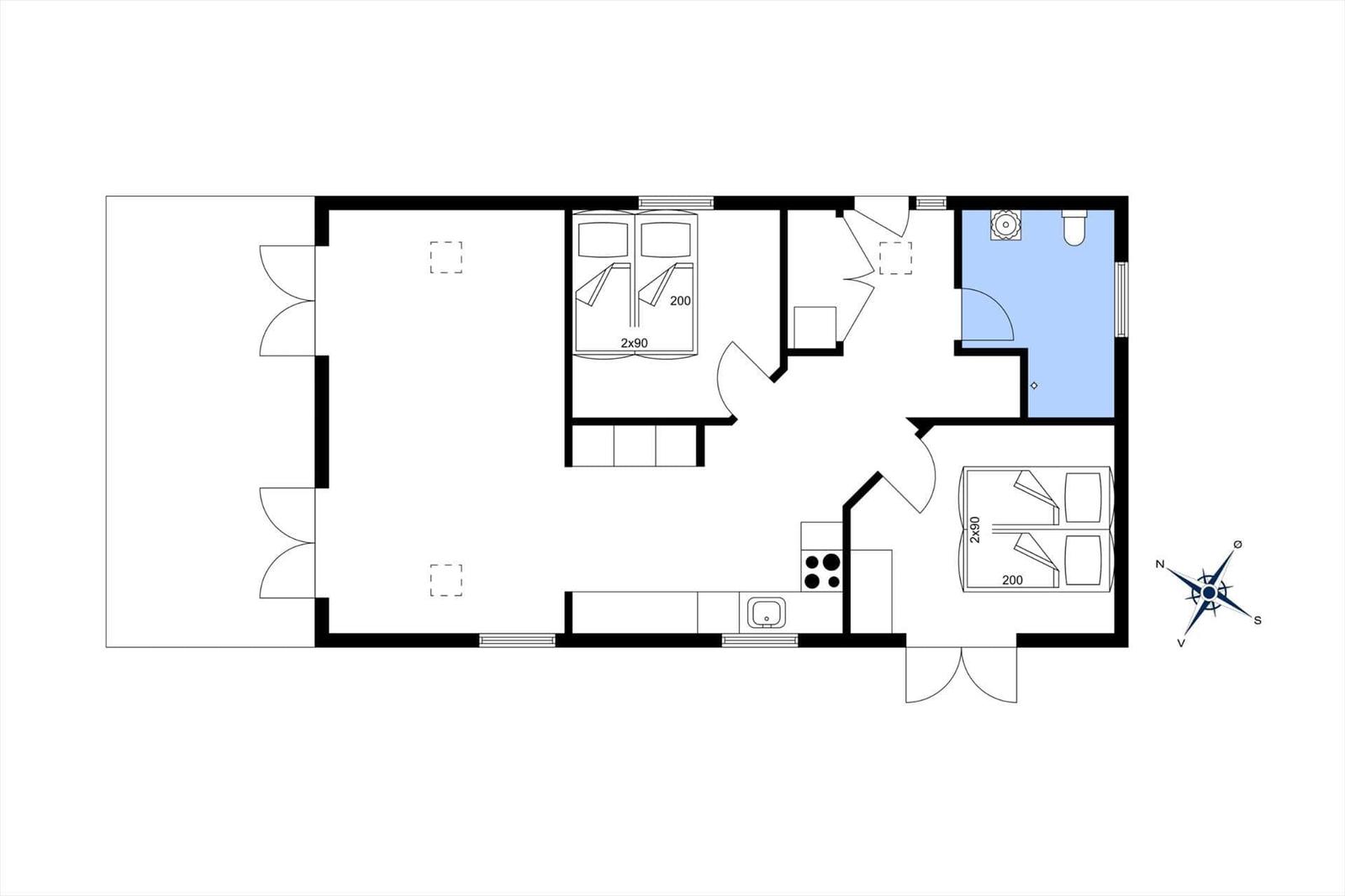 Wohnung mit zwei Schlafzimmern, Küche und Bad. Flur und Wohnbereich.