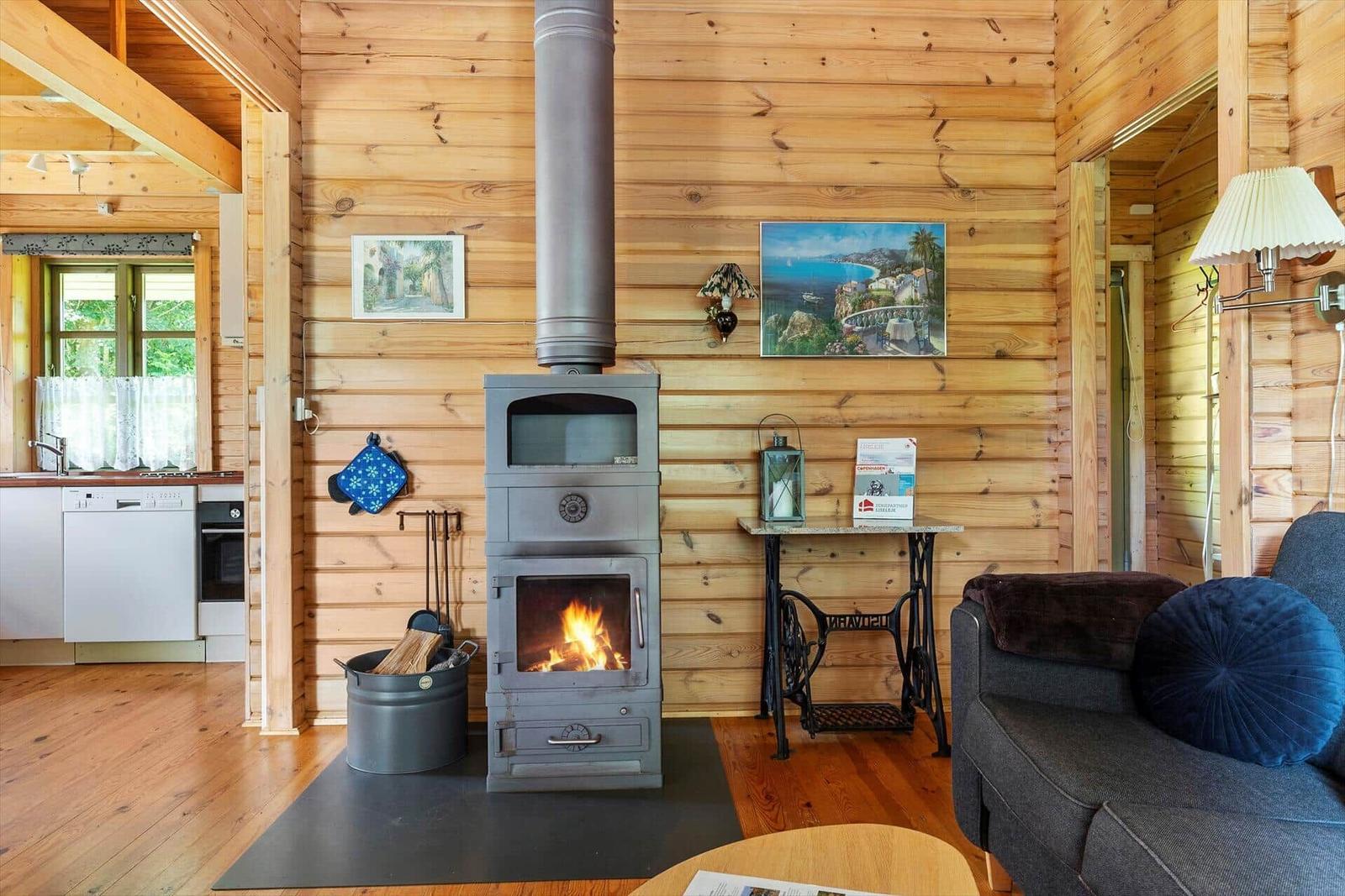 Kaminofen mit Flamme, Sofa, Wandbilder und Holzwände im Wohnbereich.