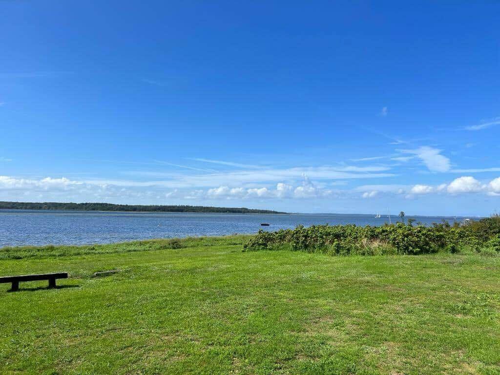 Grünes Grasfeld am Wasser mit Bank und Blick auf die Küste.