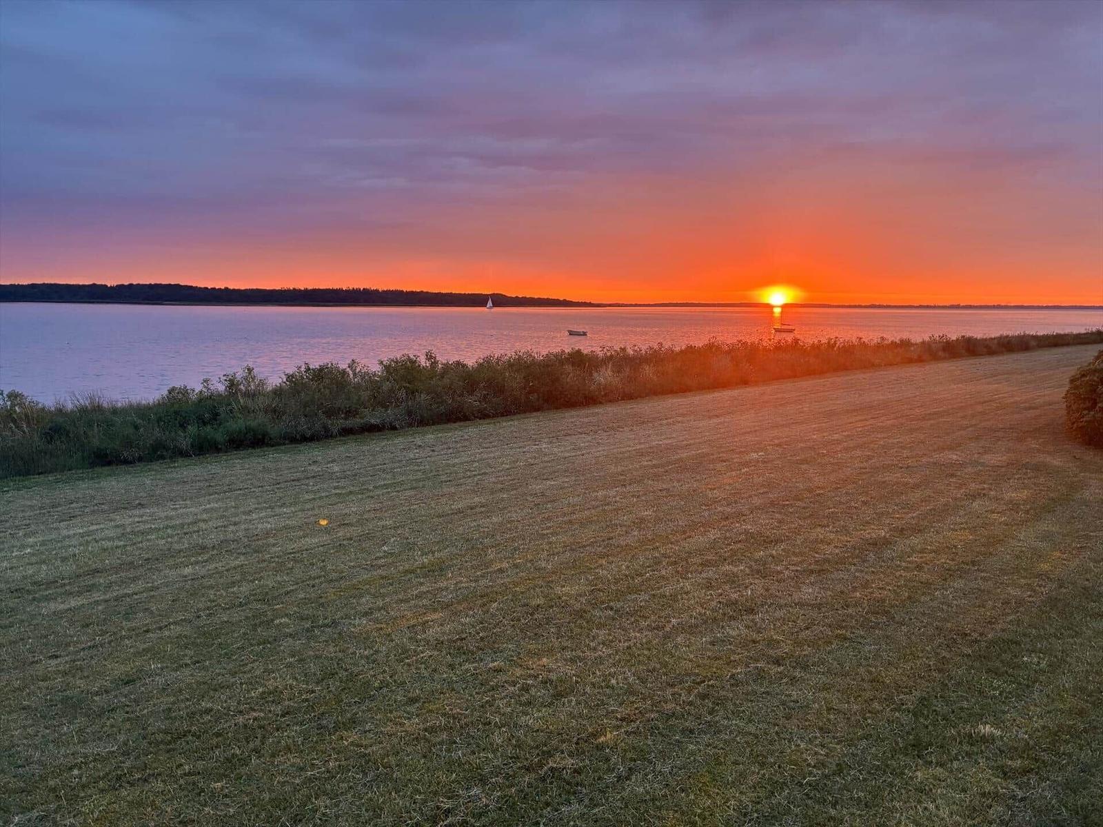 Sonnenuntergang über See mit Booten und Grasfläche im Vordergrund.