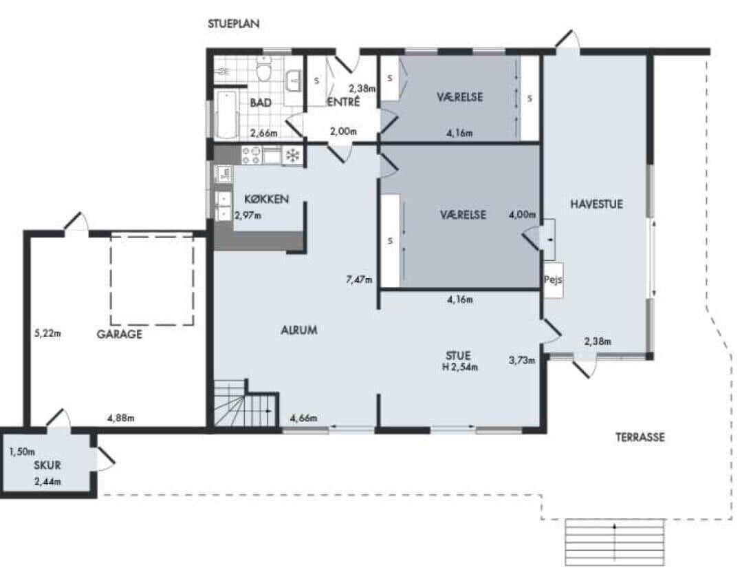 Funktionaler Grundriss mit Küche, Schlafzimmer, Bad und Terrasse.