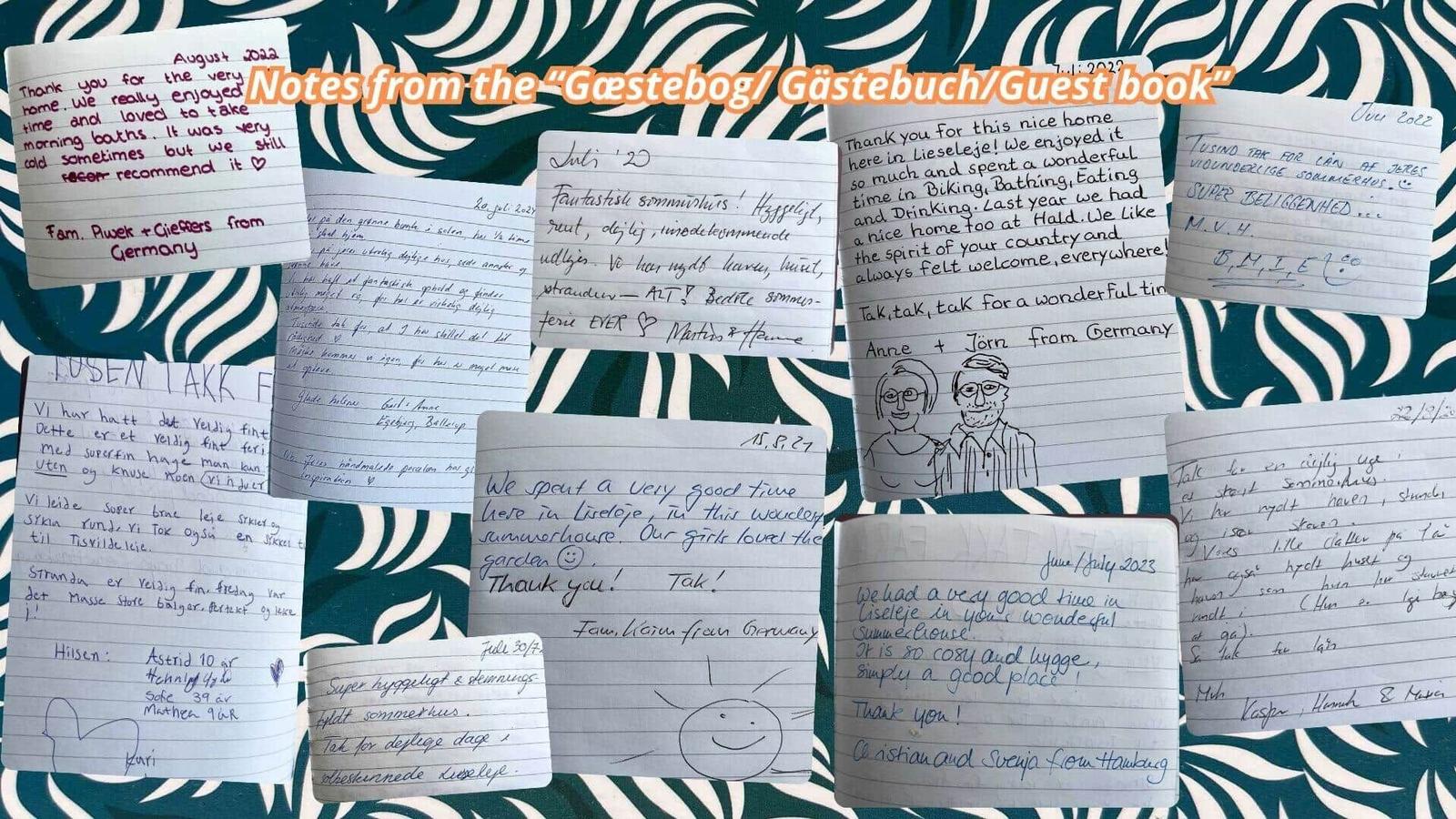 Gästebuch mit handschriftlichen Notizen von Urlaubsgästen.