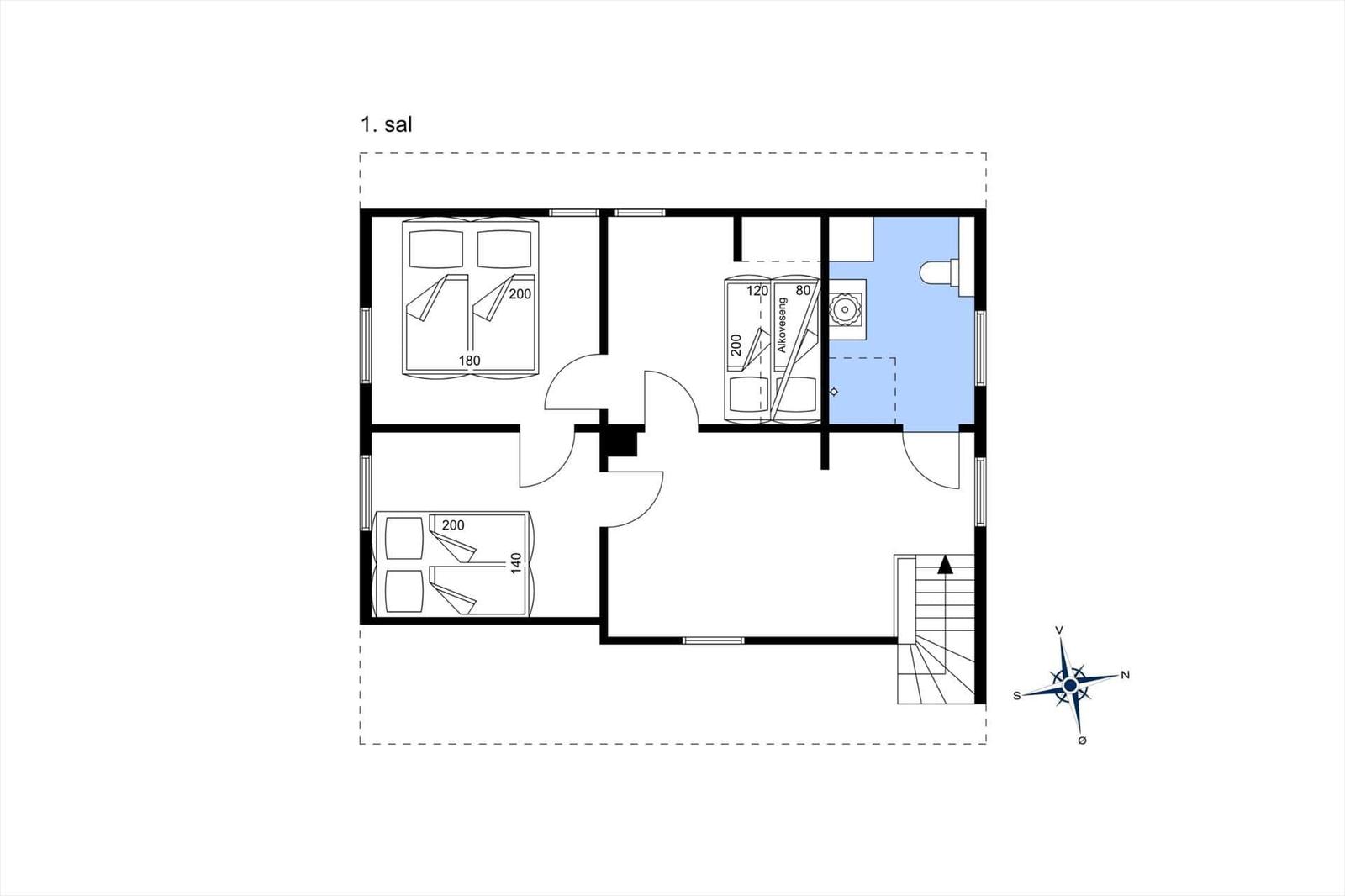 Erdgeschossplan mit Schlafzimmer, Küche und Bad.