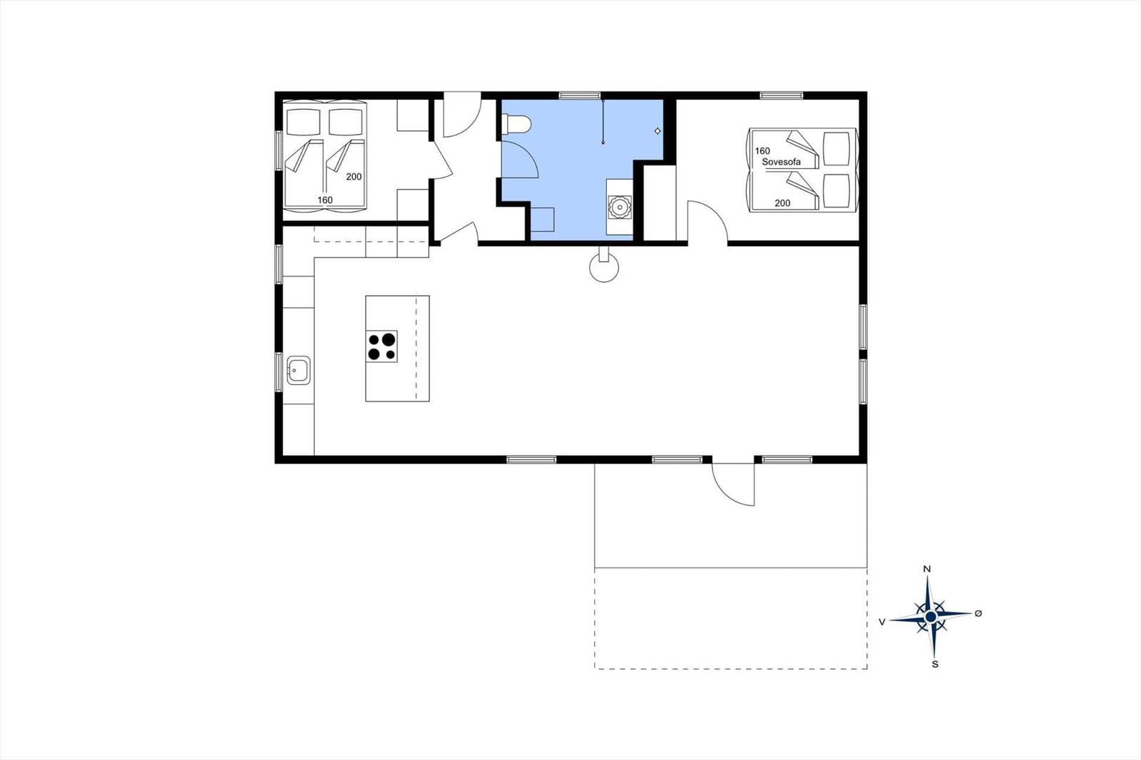 Wohnung mit Schlafzimmer, Küche und Bad. Sitzgelegenheit im Wohnbereich.