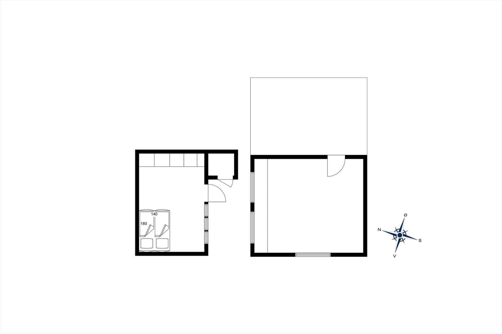 Zwei Räume mit Schlafbereich und Orientierungskompass.