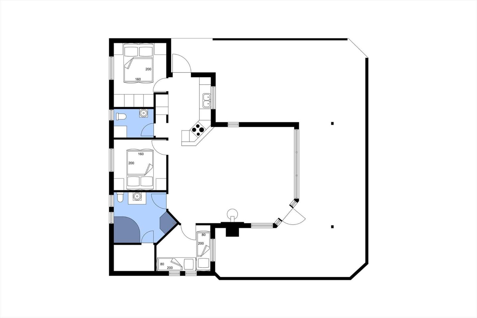 Dieses Haus hat zwei Schlafzimmer, eine Küche und zwei Badezimmer.