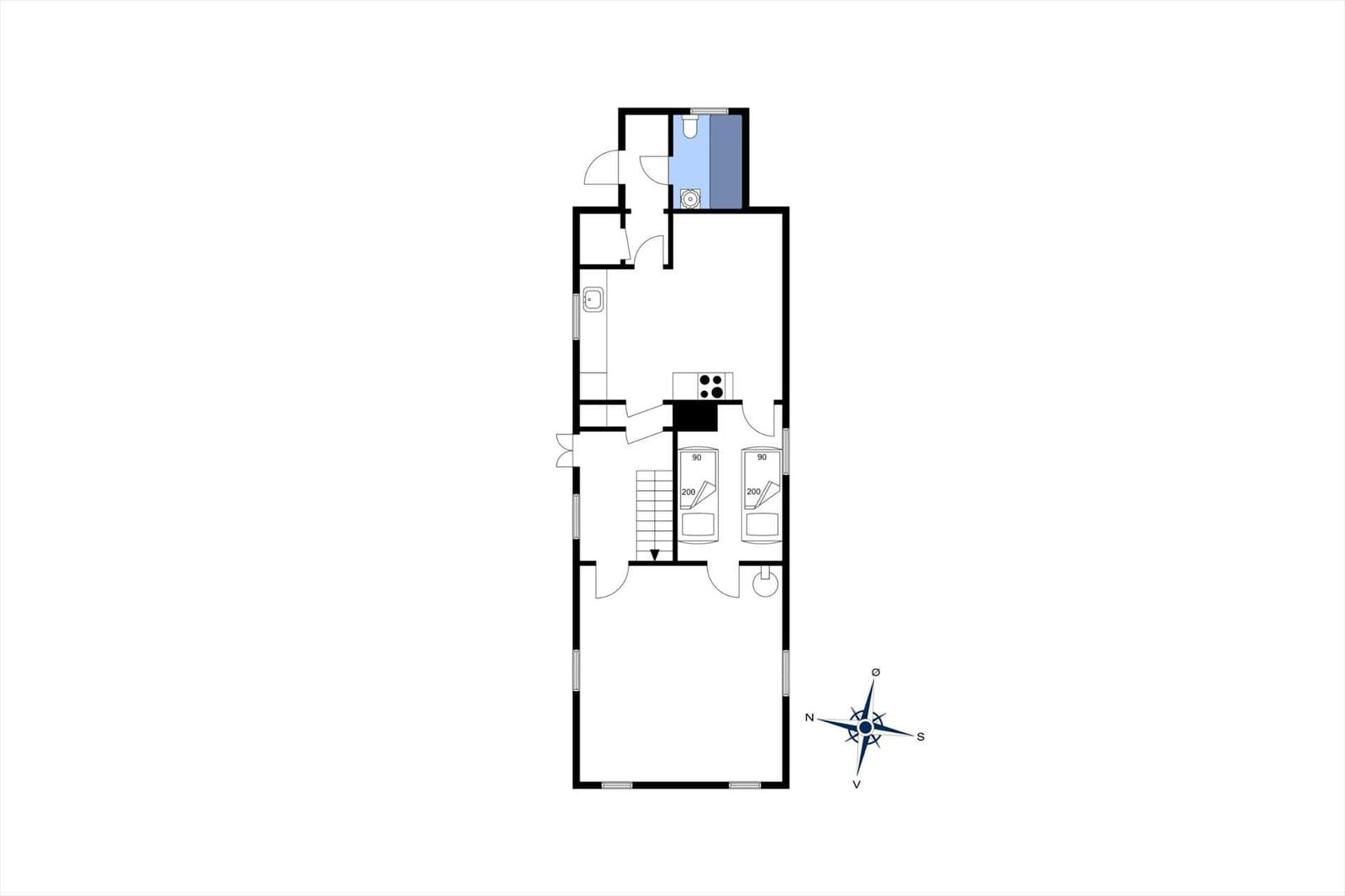 Zwei Schlafzimmer, Küche, Bad und Aufgang sind eingezeichnet.