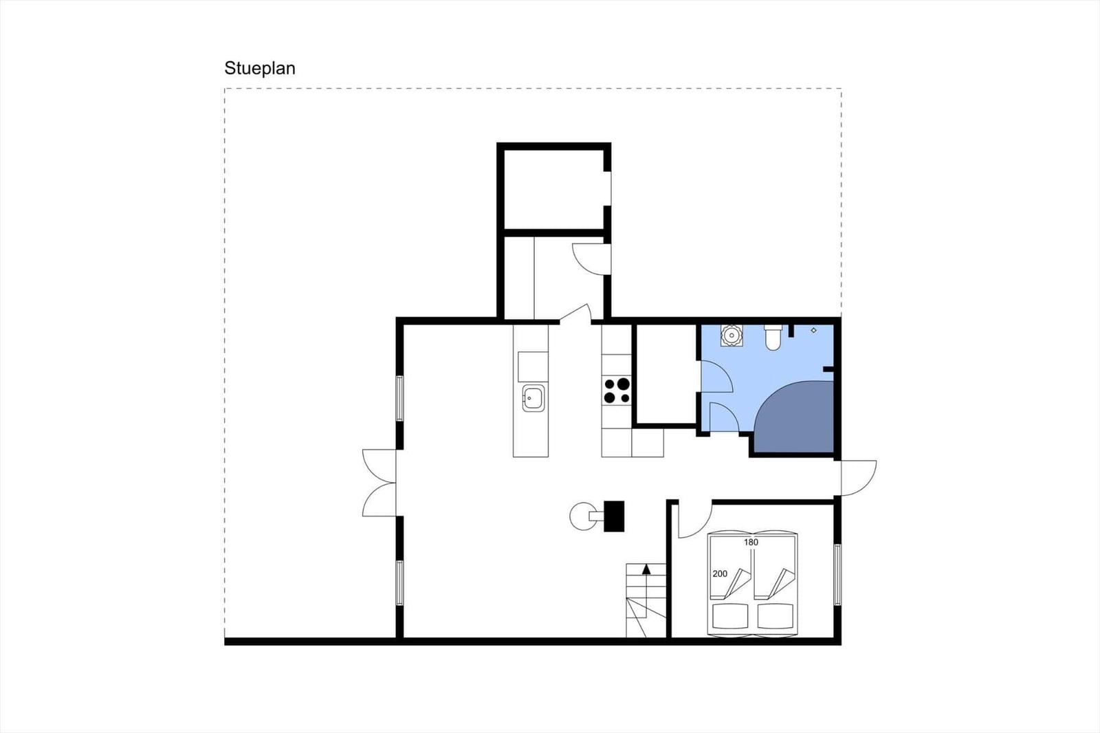Stueplan zeigt Küche, Bad und Schlafzimmer mit 180 cm Bett.
