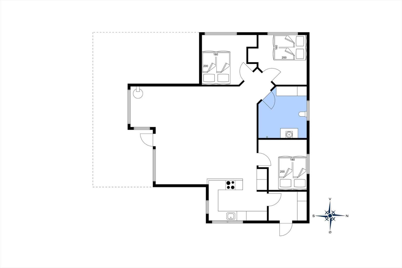 Wohnung mit drei Schlafzimmern, Küche und Bad. Raumübersicht mit Orientierung.