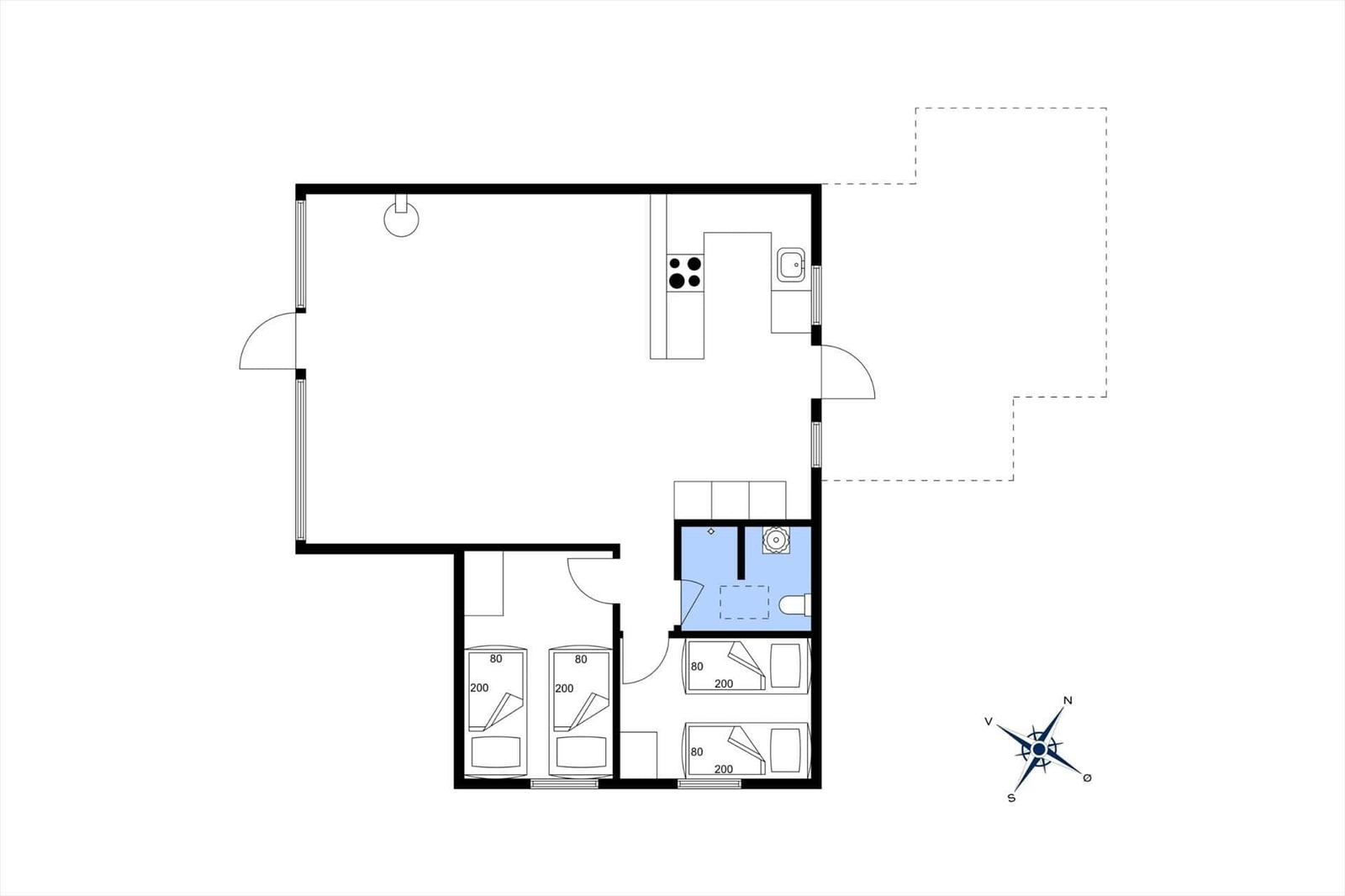 Wohnung mit Küche, Bad und drei Schlafzimmern. Richtung Nordwesten.