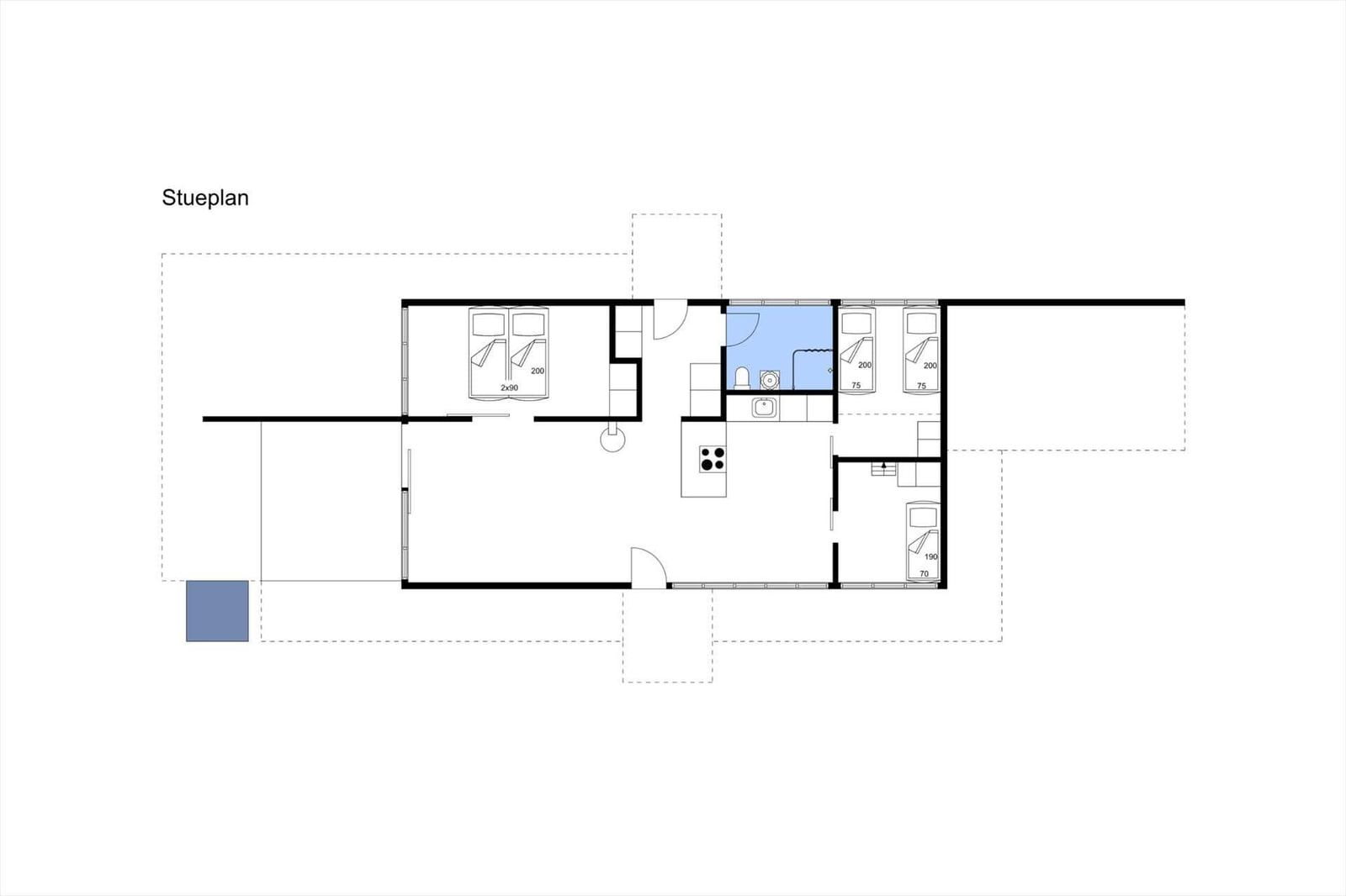 Stueplan zeigt Wohnraum, Küche, Badezimmer und Schlafzimmer mit Betten.