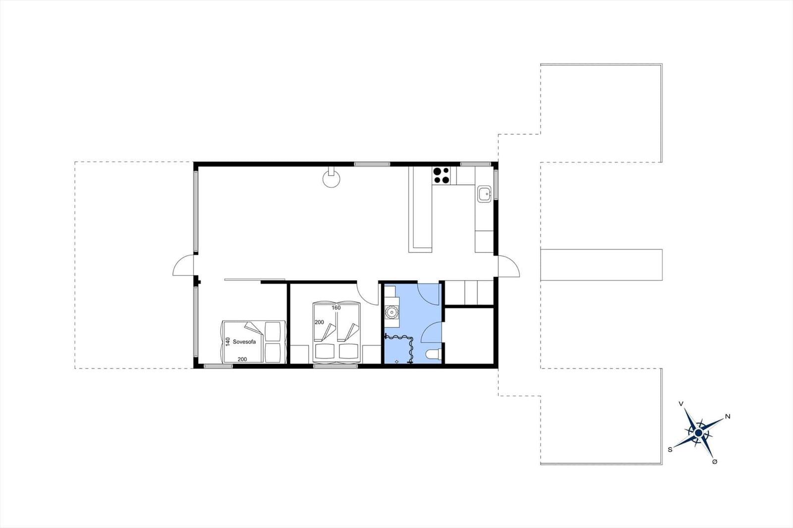 Einfach eingerichtete Wohnung mit Küche, Schlafzimmer und Bad.