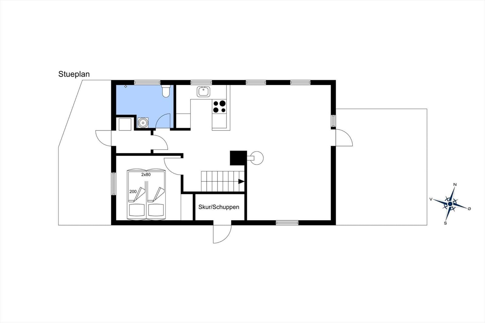Stueplan zeigt Küche, Bad, Schlafzimmer und Speicher